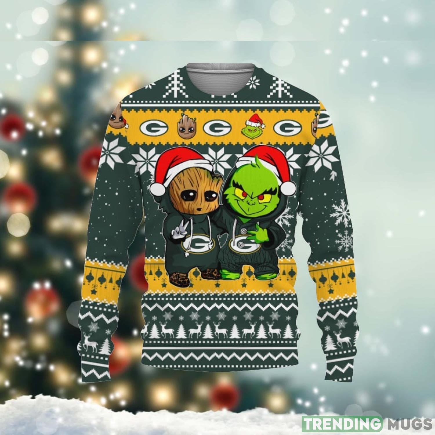 Green Bay Baby Groot And Grinch Best Friends 3D Ugly Christmas Sweater Cute Gift Unisex Christmas Gift Product Photo 1 Green Bay Baby Groot And Grinch Best Friends 3D Ugly Christmas Sweater Cute Gift Unisex Christmas Gift Product Photo 1