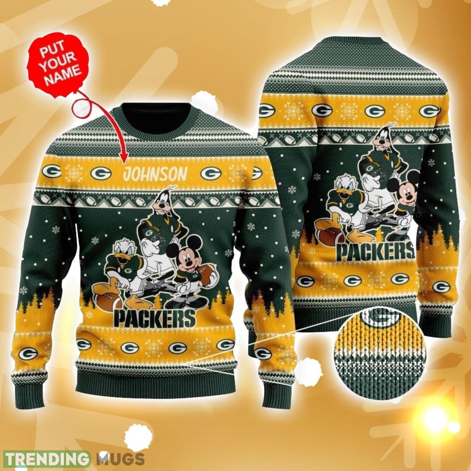 Green Bay Packers Disney Donald Duck Mickey Mouse Goofy Custom Name Sport Fans Christmas Gift Ugly Christmas Sweater Product Photo 1 Green Bay Packers Disney Donald Duck Mickey Mouse Goofy Custom Name Sport Fans Christmas Gift Ugly Christmas Sweater Product Photo 1