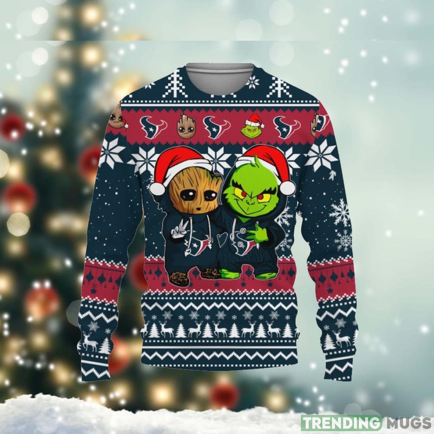 Houston Texans Baby Groot And Grinch Best Friends 3D Ugly Christmas Sweater Cute Gift Unisex Christmas Gift Product Photo 1 Houston Texans Baby Groot And Grinch Best Friends 3D Ugly Christmas Sweater Cute Gift Unisex Christmas Gift Product Photo 1