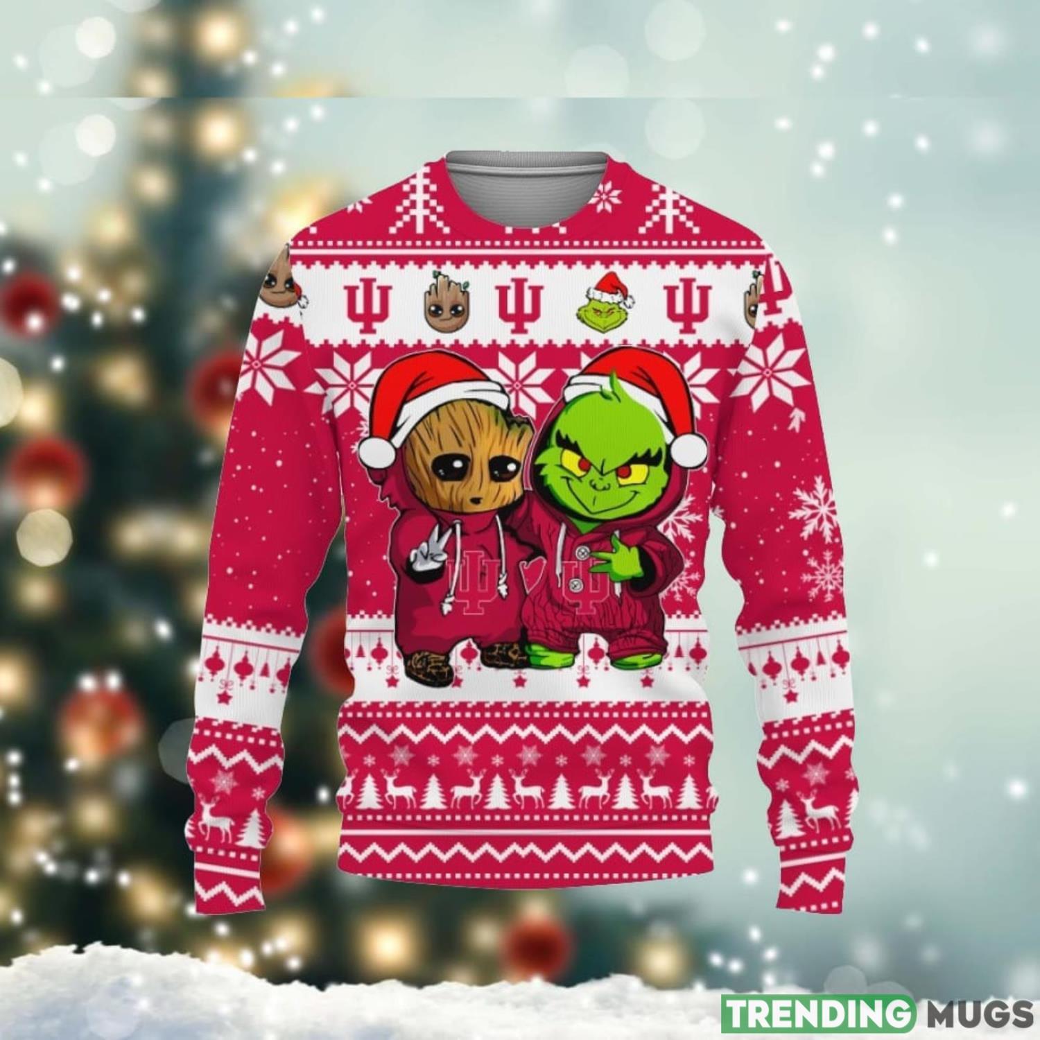 Indiana Hoosiers Baby Groot And Grinch Best Friends 3D Ugly Christmas Sweater Christmas Gift Ideas Unisex Christmas Gift Product Photo 1 Indiana Hoosiers Baby Groot And Grinch Best Friends 3D Ugly Christmas Sweater Christmas Gift Ideas Unisex Christmas Gift Product Photo 1