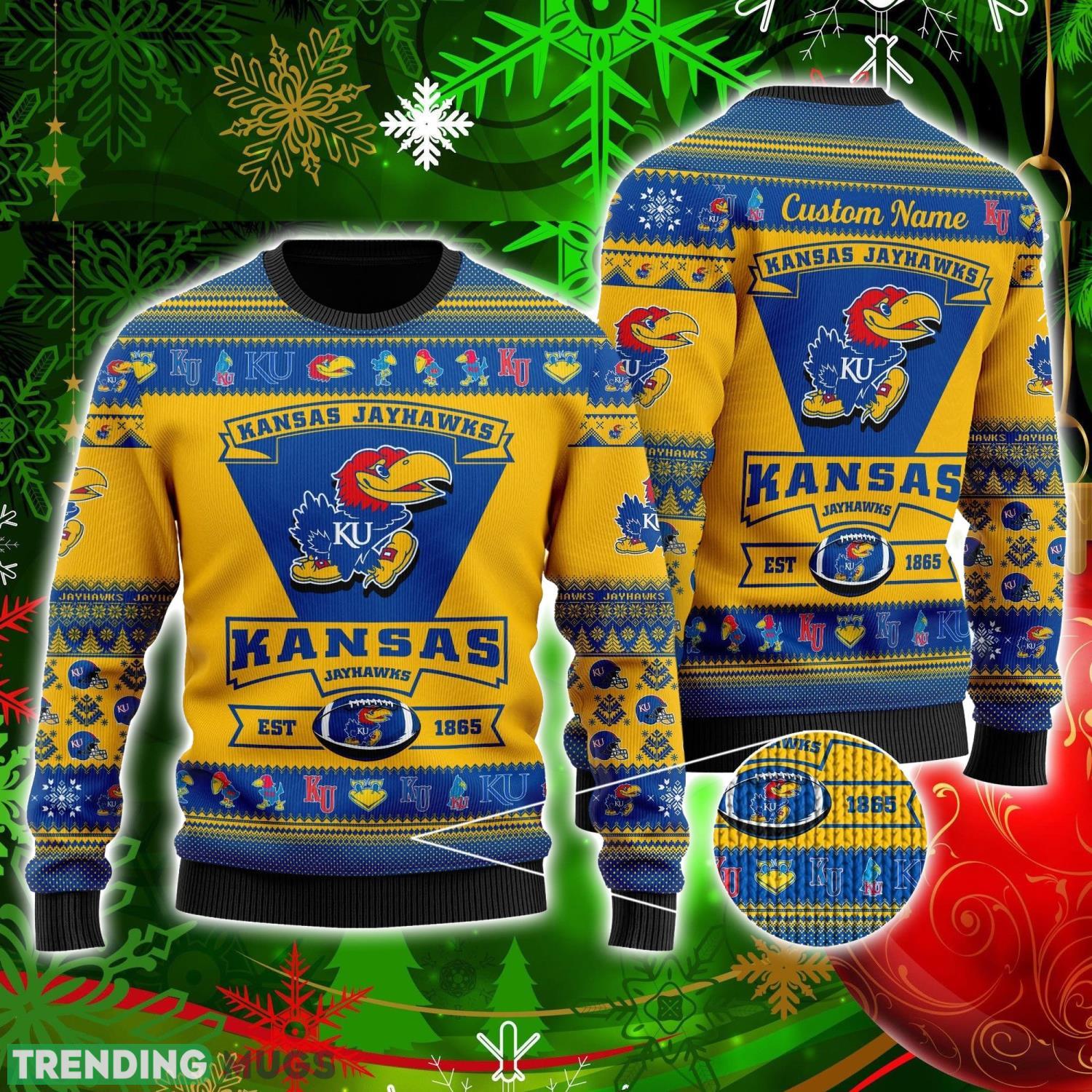 Kansas Jayhawks Football Team Logo Custom Name Personalized Ugly Christmas Sweater Christmas Gift For Big Fans Product Photo 1 Kansas Jayhawks Football Team Logo Custom Name Personalized Ugly Christmas Sweater Christmas Gift For Big Fans Product Photo 1