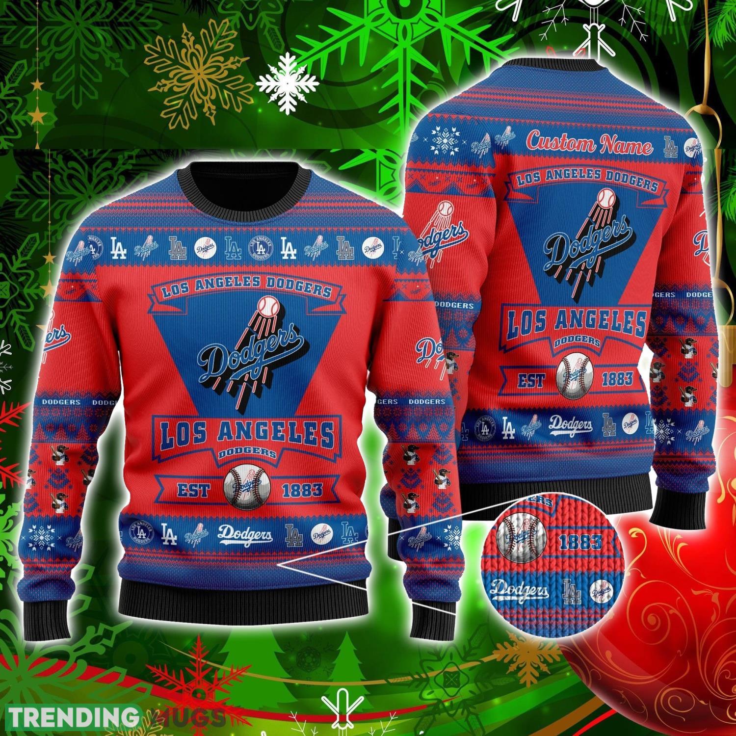 Los Angeles Dodgers Football Team Logo Personalized Ugly Christmas Sweater Christmas Gift For Big Fans Product Photo 1 Los Angeles Dodgers Football Team Logo Personalized Ugly Christmas Sweater Christmas Gift For Big Fans Product Photo 1