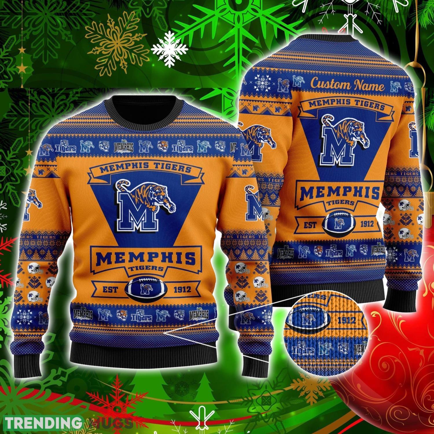 Memphis Tigers Football Team Logo Custom Name Personalized Ugly Christmas Sweater Christmas Gift For Big Fans Product Photo 1 Memphis Tigers Football Team Logo Custom Name Personalized Ugly Christmas Sweater Christmas Gift For Big Fans Product Photo 1