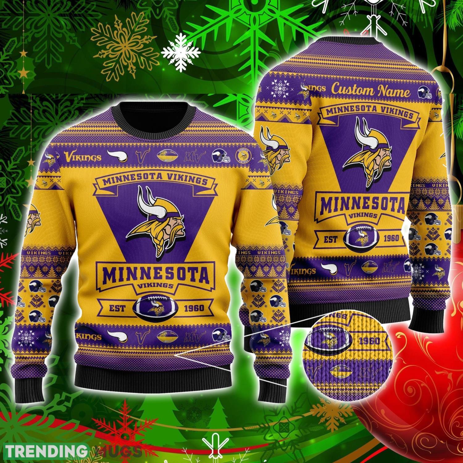 Minnesota Vikings Football Team Logo Custom Name Personalized Ugly Christmas Sweater Christmas Gift For Big Fans Product Photo 1 Minnesota Vikings Football Team Logo Custom Name Personalized Ugly Christmas Sweater Christmas Gift For Big Fans Product Photo 1