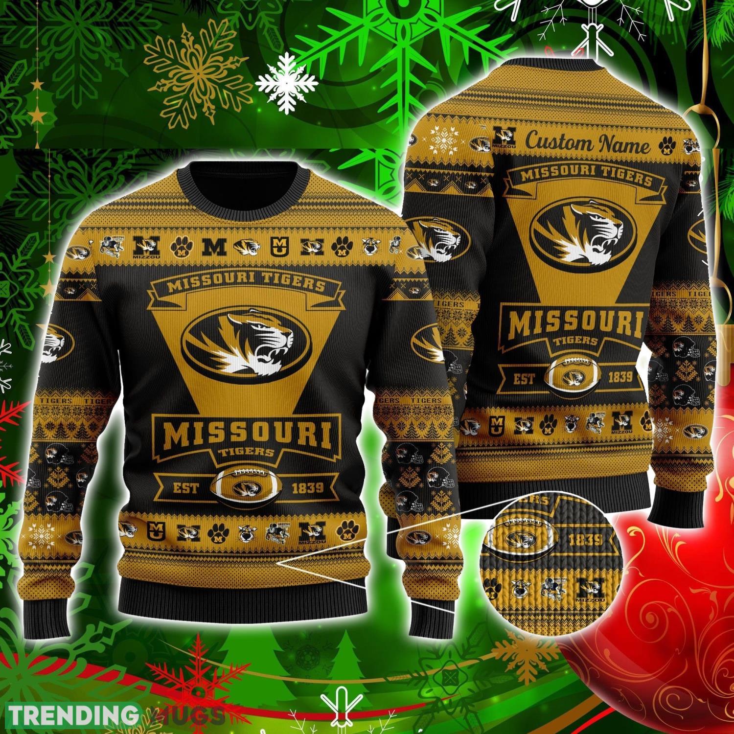 Missouri Tigers Football Team Logo Custom Name Personalized Ugly Christmas Sweater Christmas Gift For Big Fans Product Photo 1 Missouri Tigers Football Team Logo Custom Name Personalized Ugly Christmas Sweater Christmas Gift For Big Fans Product Photo 1