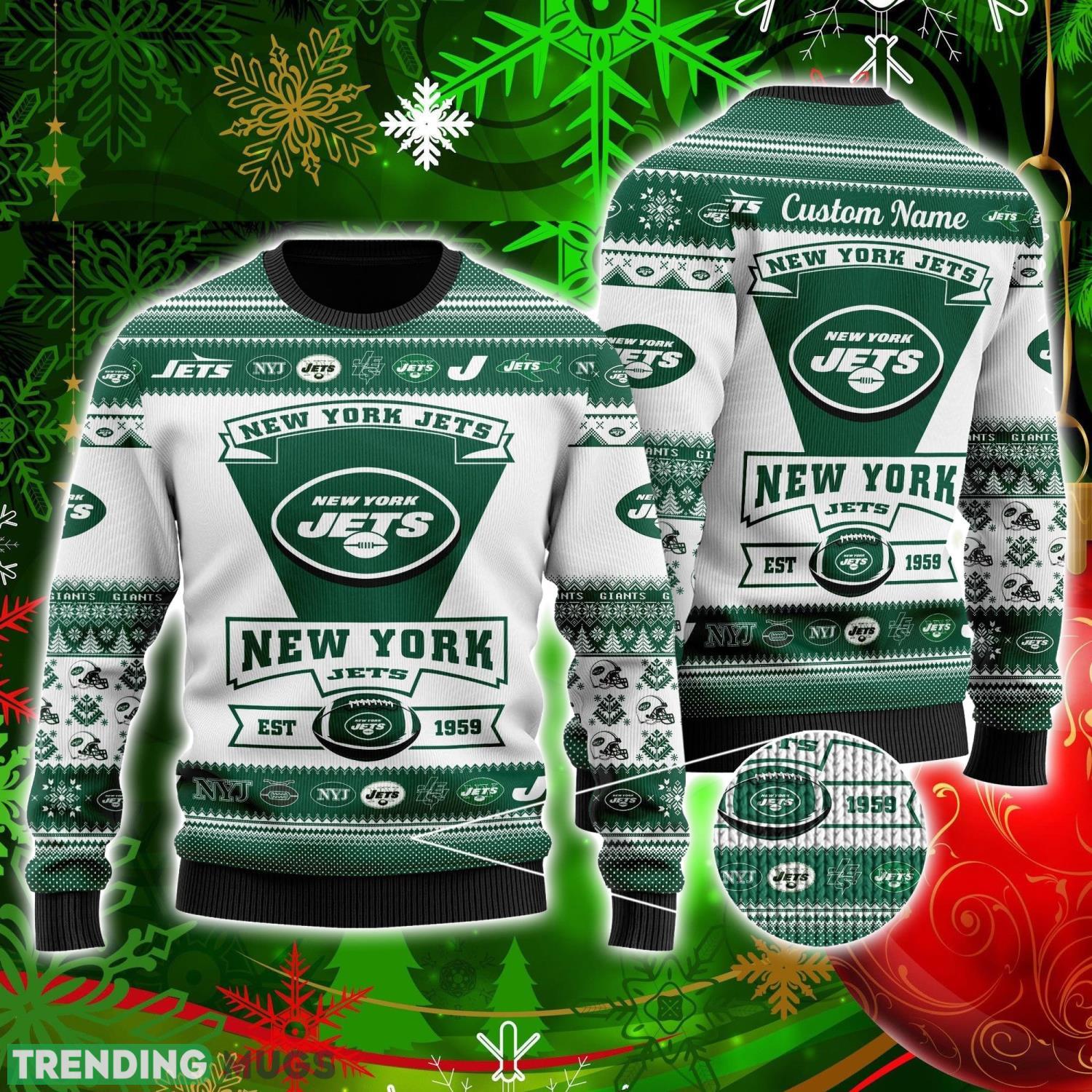 New York Jets Football Team Logo Custom Name Personalized Ugly Christmas Sweater Christmas Gift For Big Fans Product Photo 1 New York Jets Football Team Logo Custom Name Personalized Ugly Christmas Sweater Christmas Gift For Big Fans Product Photo 1