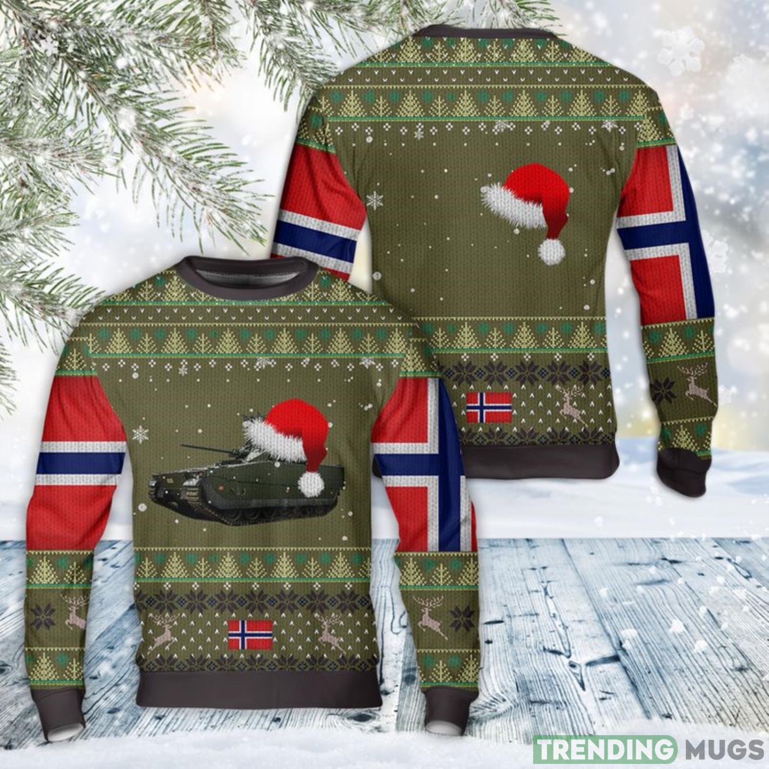Norwegian Army CV90 Infantry Fighting Vehicle Christmas Santa Hat Pattern AOP Sweater Christmas Gift Sweater Product Photo 1 Norwegian Army CV90 Infantry Fighting Vehicle Christmas Santa Hat Pattern AOP Sweater Christmas Gift Sweater Product Photo 1