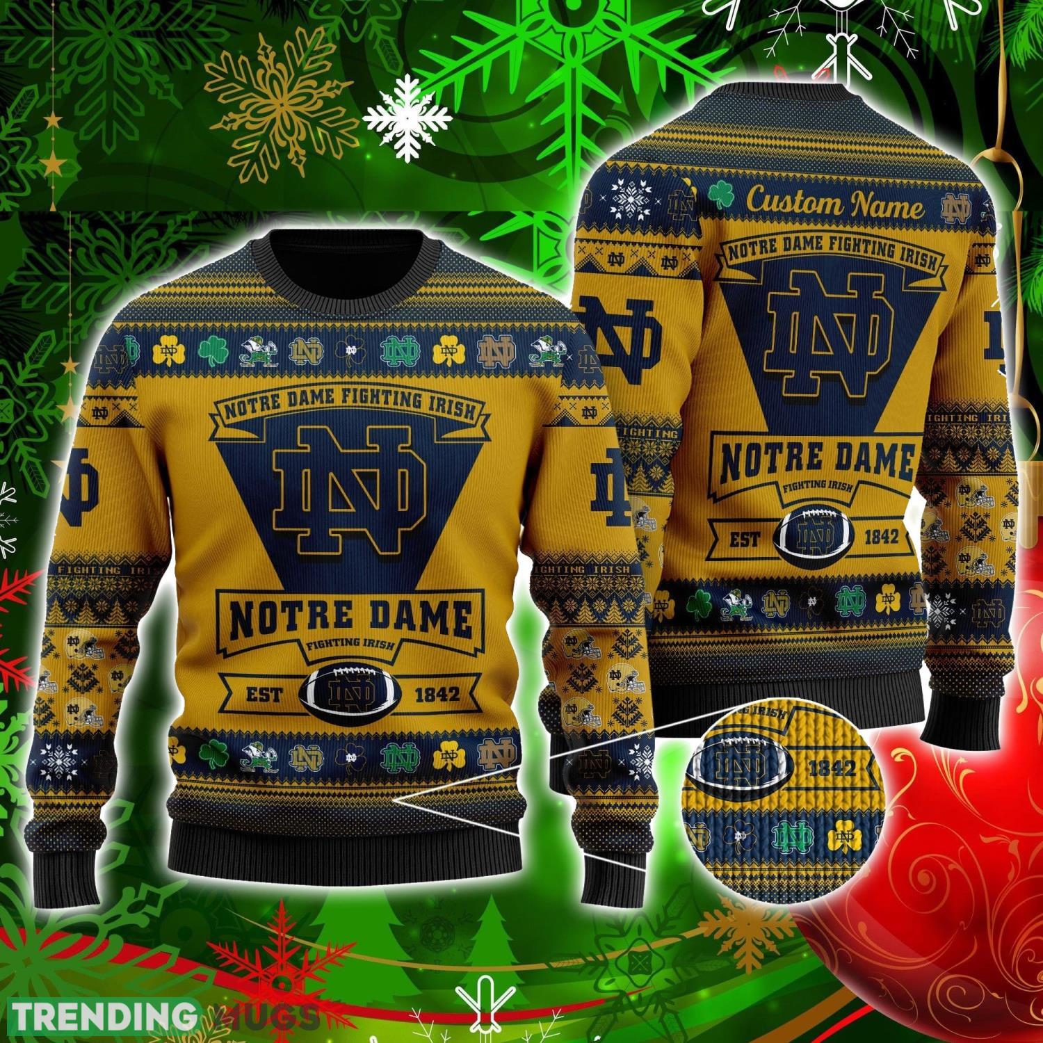 Notre Dame Fighting Irish Football Team Logo Personalized Ugly Christmas Sweater Christmas Gift For Big Fans Product Photo 1 Notre Dame Fighting Irish Football Team Logo Personalized Ugly Christmas Sweater Christmas Gift For Big Fans Product Photo 1