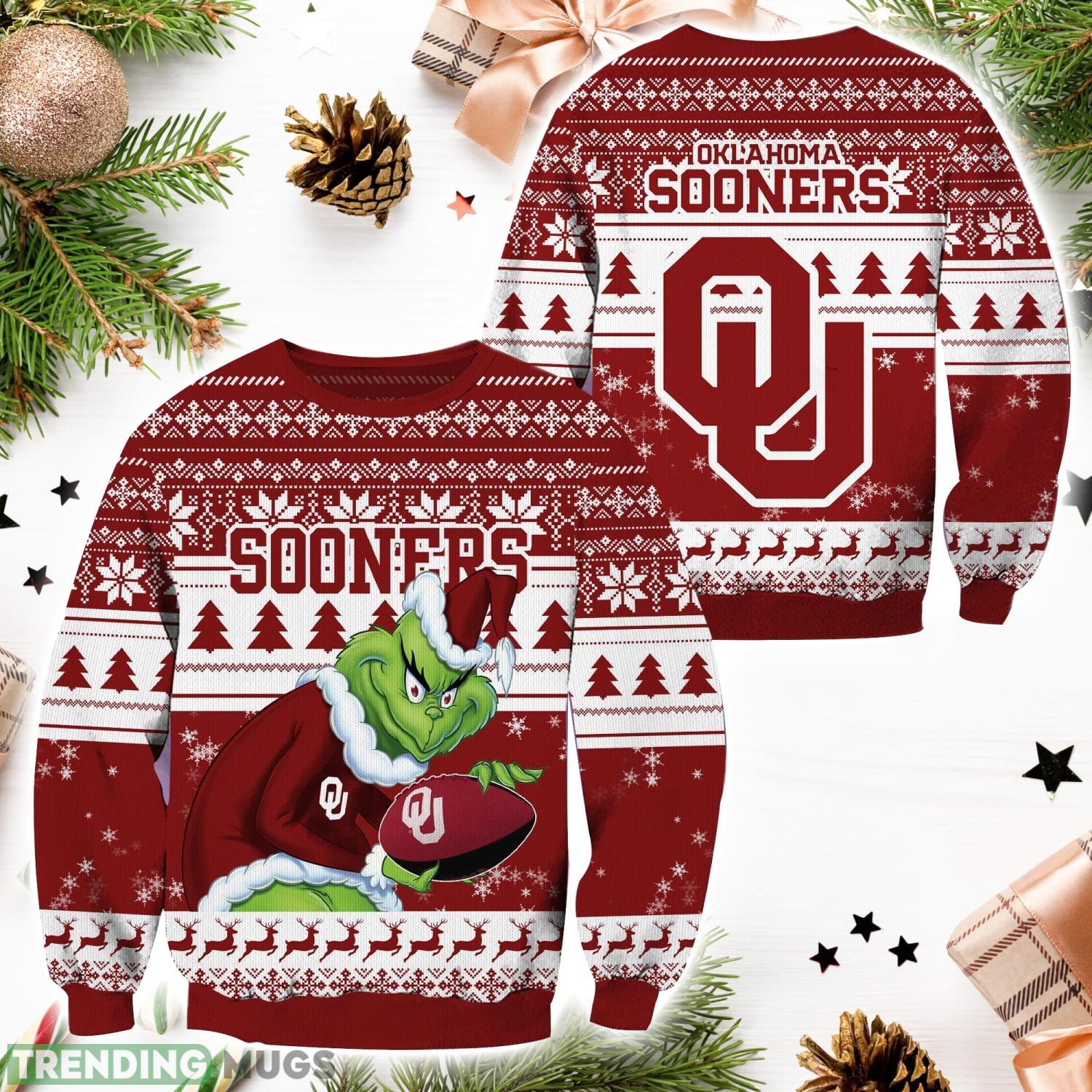 Oklahoma Sooners NCAA Grinch Hug Logo Ugly Christmas Sweater Special Christmas Gift For Fans Product Photo 1 Oklahoma Sooners NCAA Grinch Hug Logo Ugly Christmas Sweater Special Christmas Gift For Fans Product Photo 1