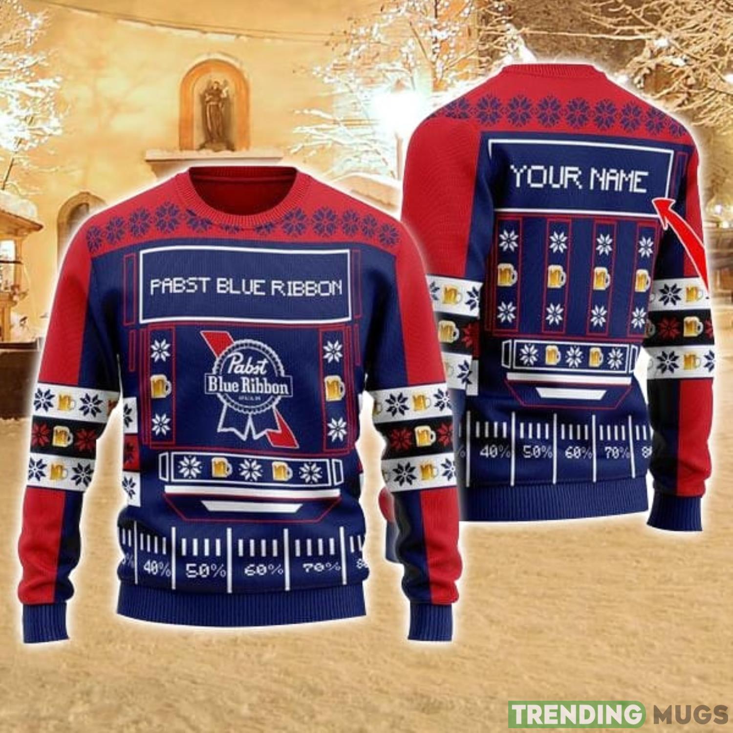 Personalized Name Snowy Pabst Blue Ribbon 3D Ugly Christmas Sweater Christmas Gift Ideas Family Gift Product Photo 1 Personalized Name Snowy Pabst Blue Ribbon 3D Ugly Christmas Sweater Christmas Gift Ideas Family Gift Product Photo 1