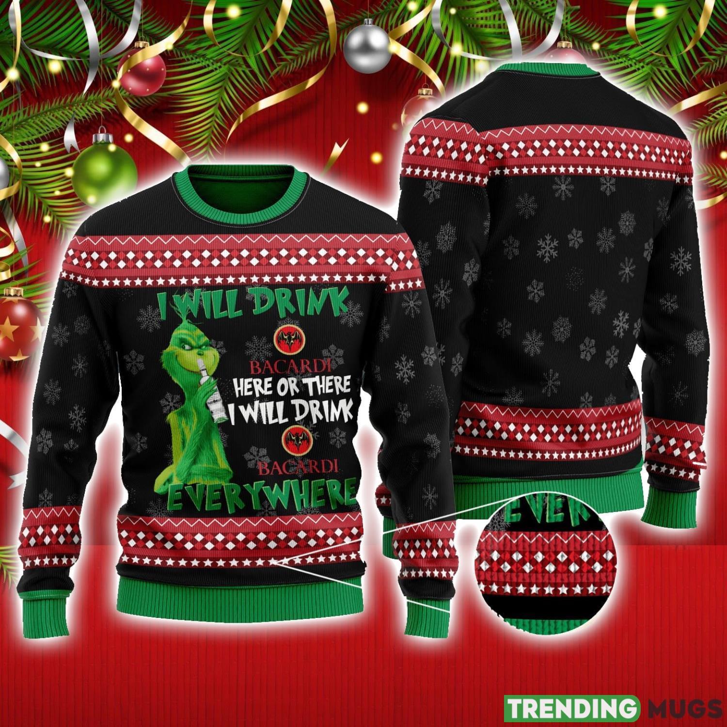 The Grinch I Will Drink Here Or There I Will Drink Bacardi Everywhere Ugly Christmas Sweater Christmas Gift Ideas Product Photo 1 The Grinch I Will Drink Here Or There I Will Drink Bacardi Everywhere Ugly Christmas Sweater Christmas Gift Ideas Product Photo 1