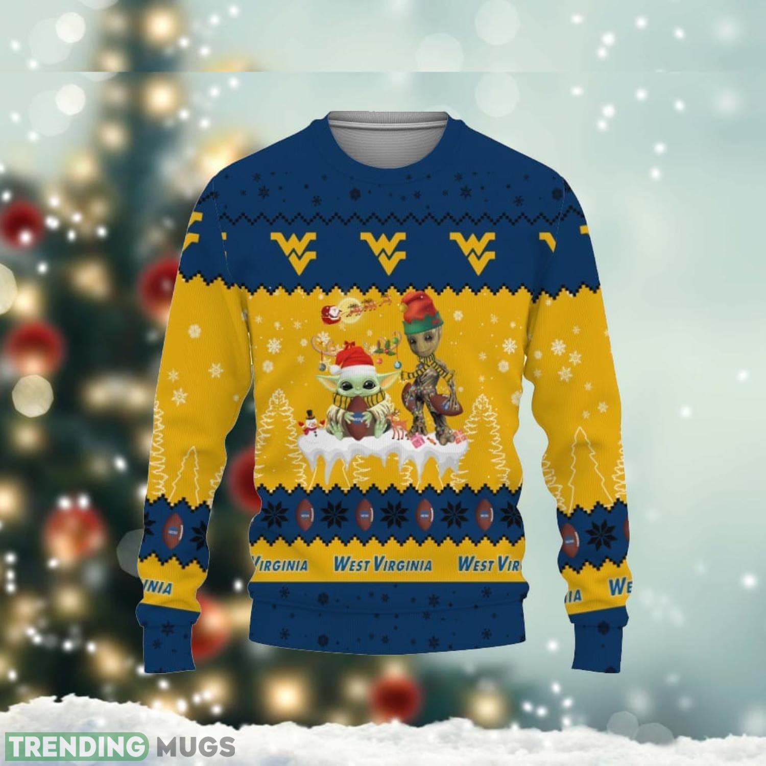 Tis The Season Christmas 2022 Baby Yoda Groot Cute Sweater West Virginia Mountaineers3D Ugly Christmas Sweater Product Photo 1