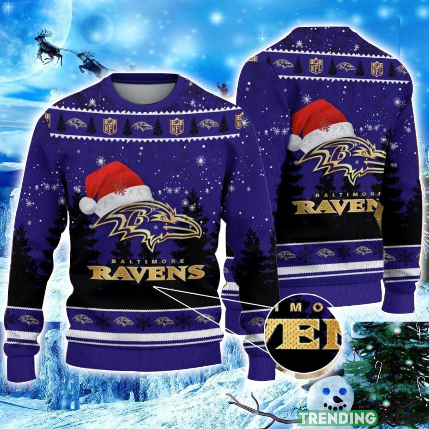 Baltimore Ravens Logo Wearing Santa Hat Christmas Gift Ugly Christmas Sweater Christmas Gift Ideas Product Photo 1 Baltimore Ravens Logo Wearing Santa Hat Christmas Gift Ugly Christmas Sweater Christmas Gift Ideas Product Photo 1