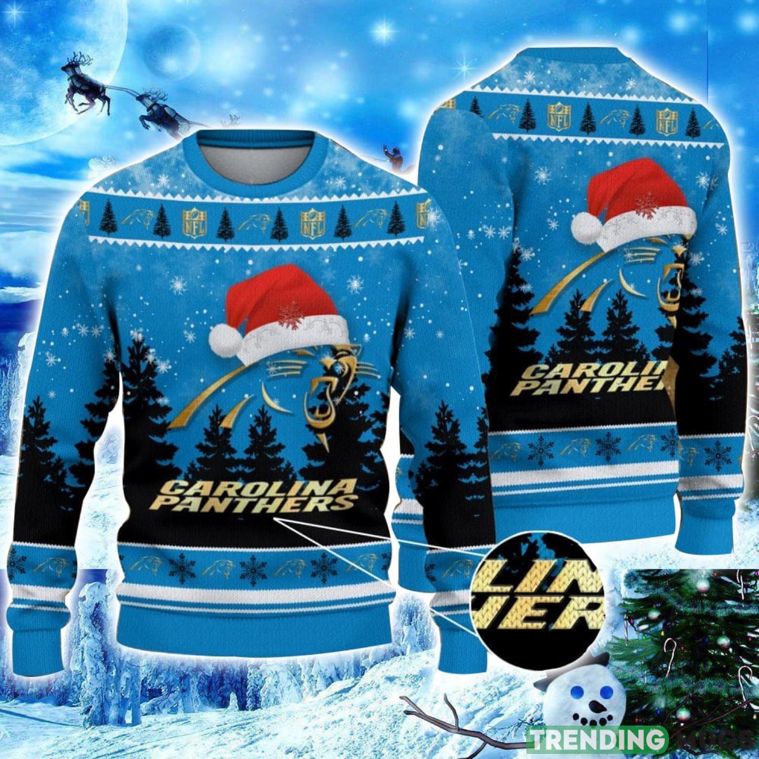 Carolina Panthers Logo Wearing Santa Hat Christmas Gift Ugly Christmas Sweater Christmas Gift Ideas Product Photo 1 Carolina Panthers Logo Wearing Santa Hat Christmas Gift Ugly Christmas Sweater Christmas Gift Ideas Product Photo 1