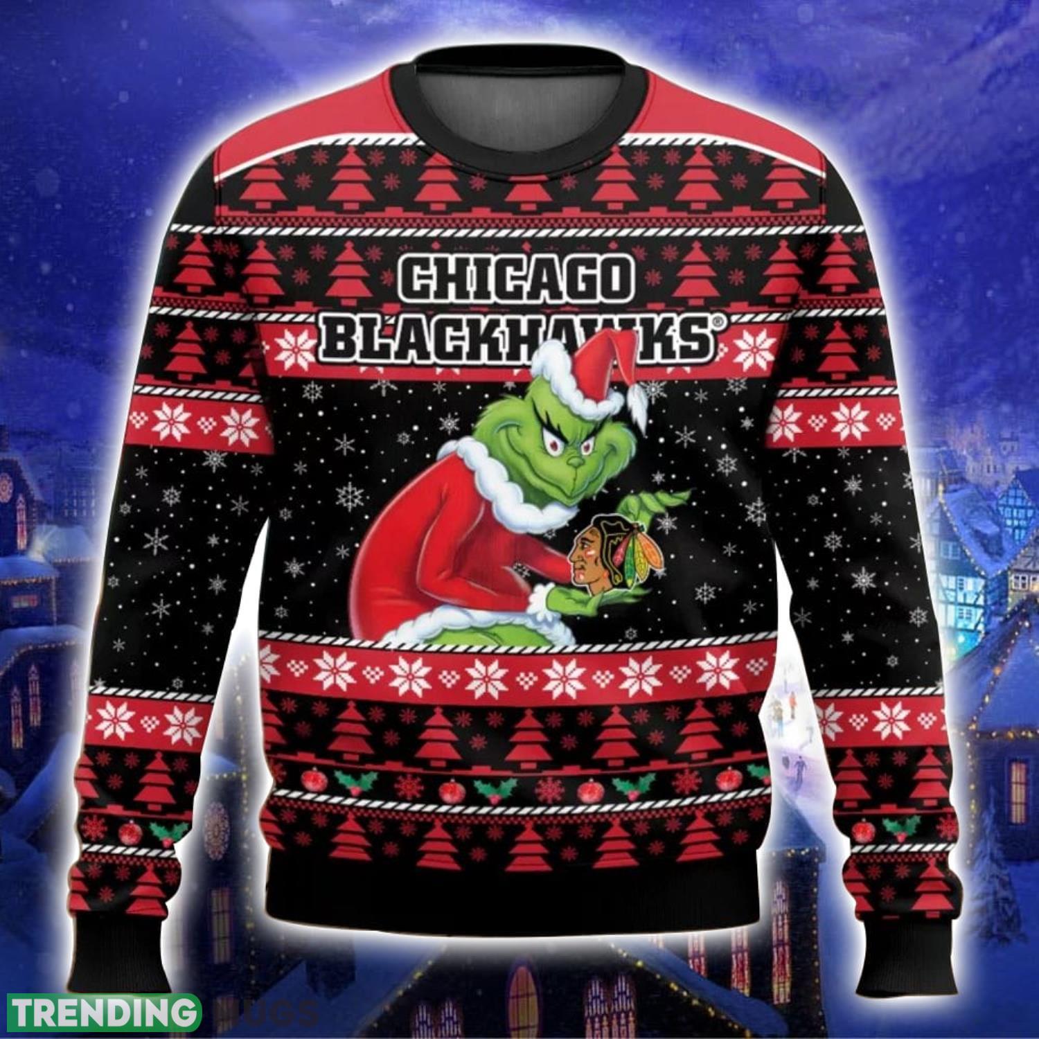 Chicago Blackhawks Grinch Ugly Christmas Sweater Trending Sweater For 2023 Christmas Holidays Product Photo 1