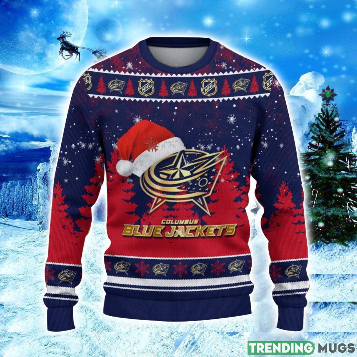 Columbus Blue Jackets Logo Wearing Santa Hat Christmas Gift Ugly Christmas Sweater Christmas Gift Ideas 3D Sweater Columbus Blue Jackets Logo Wearing Santa Hat Christmas Gift Ugly Christmas Sweater Christmas Gift Ideas 3D Sweater