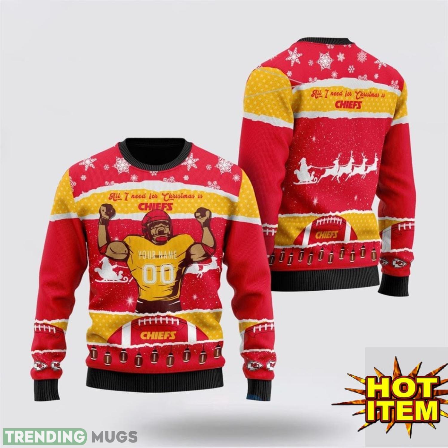 Custom Name NFL Kansas City Chiefs All I Need For Christmas Ugly Christmas Sweater Sport Fans Gift Product Photo 1 Custom Name NFL Kansas City Chiefs All I Need For Christmas Ugly Christmas Sweater Sport Fans Gift Product Photo 1