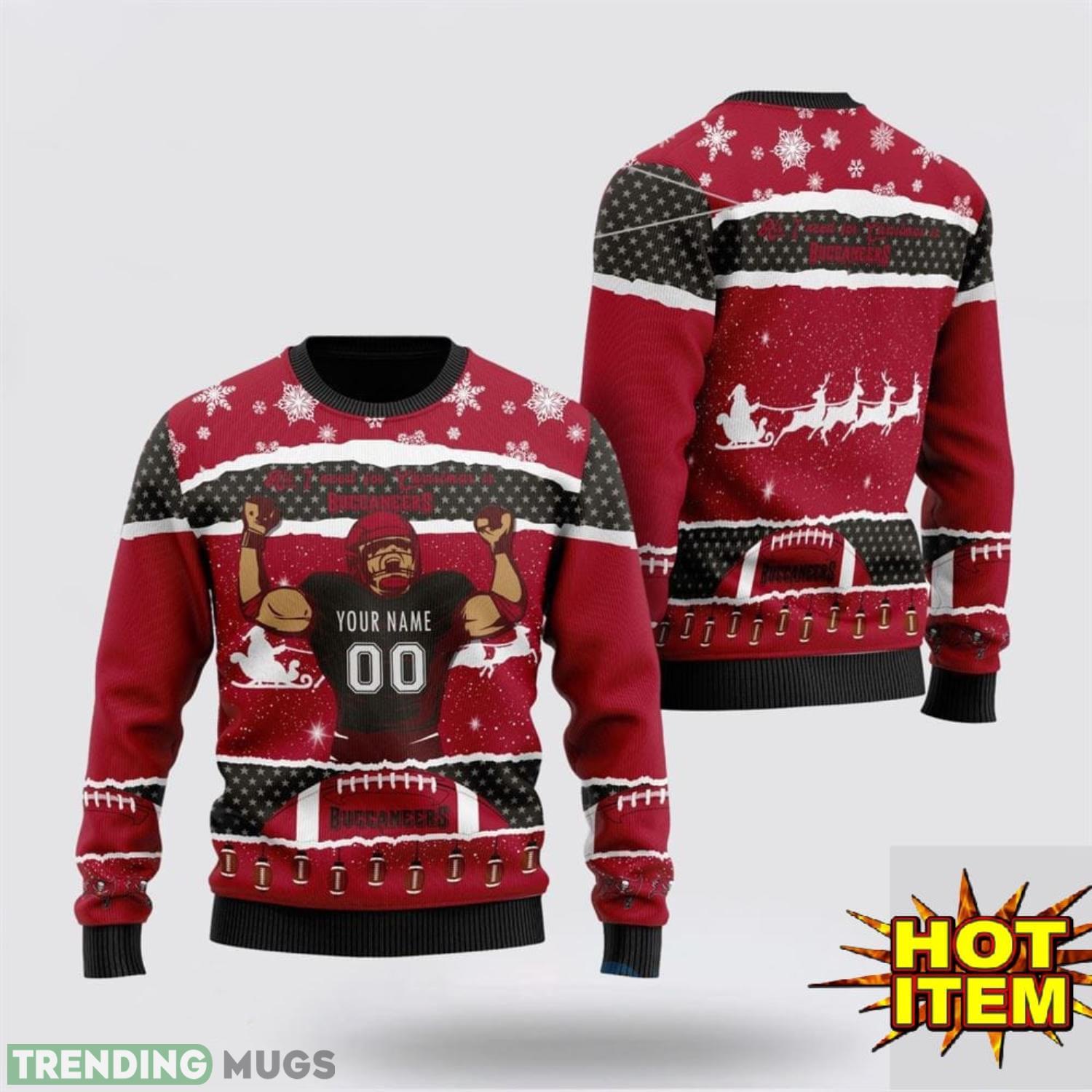 Custom Name NFL Tampa Bay Buccaneers All I Need For Christmas Ugly Christmas Sweater Sport Fans Gift Product Photo 1 Custom Name NFL Tampa Bay Buccaneers All I Need For Christmas Ugly Christmas Sweater Sport Fans Gift Product Photo 1