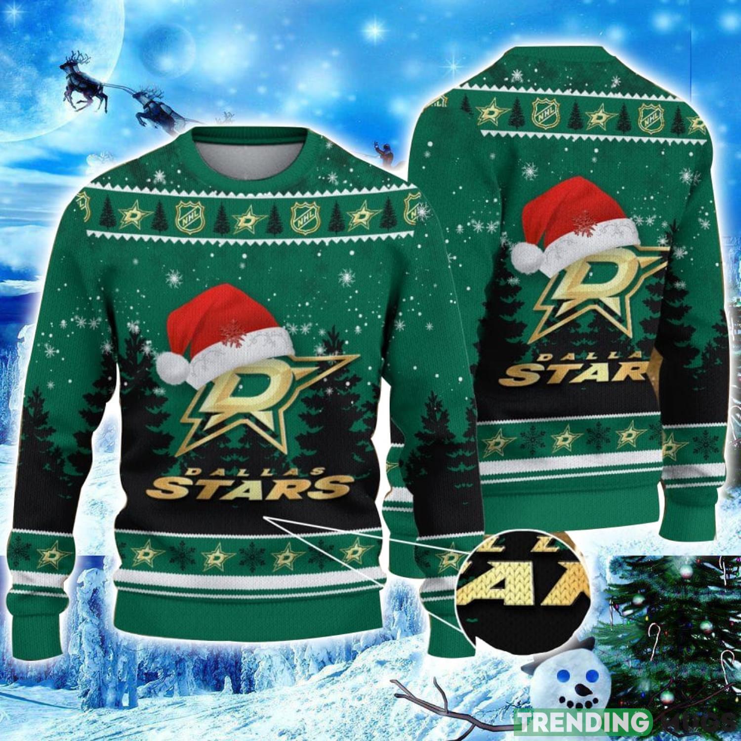 Dallas Stars Logo Wearing Santa Hat Christmas Gift Ugly Christmas Sweater Christmas Gift Ideas Product Photo 1 Dallas Stars Logo Wearing Santa Hat Christmas Gift Ugly Christmas Sweater Christmas Gift Ideas Product Photo 1
