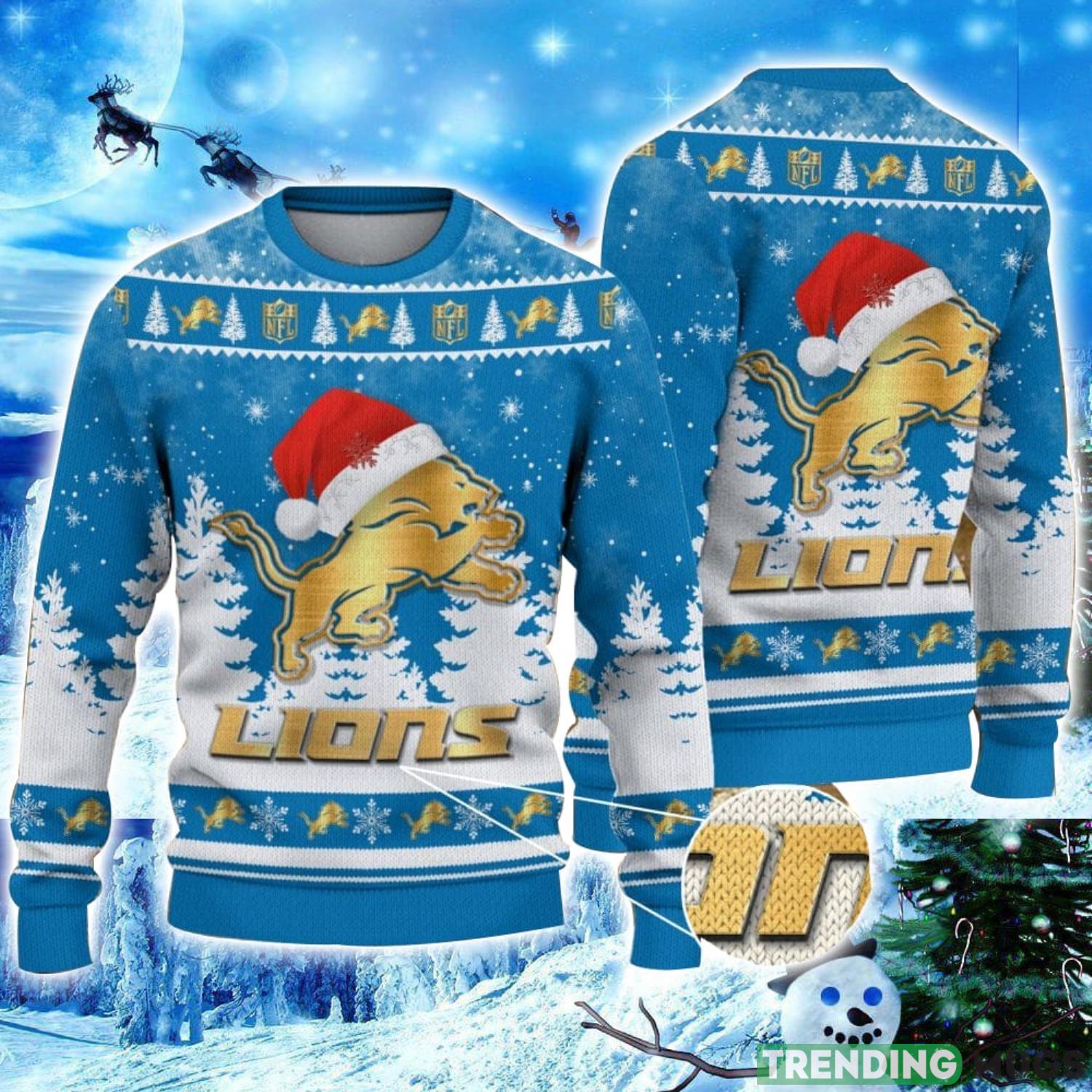 Detroit Lions Logo Wearing Santa Hat Christmas Gift Ugly Christmas Sweater Christmas Gift Ideas Product Photo 1 Detroit Lions Logo Wearing Santa Hat Christmas Gift Ugly Christmas Sweater Christmas Gift Ideas Product Photo 1
