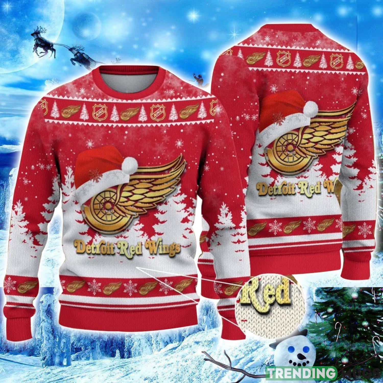 Detroit Red Wings Logo Wearing Santa Hat Christmas Gift Ugly Christmas Sweater Christmas Gift Ideas Product Photo 1 Detroit Red Wings Logo Wearing Santa Hat Christmas Gift Ugly Christmas Sweater Christmas Gift Ideas Product Photo 1