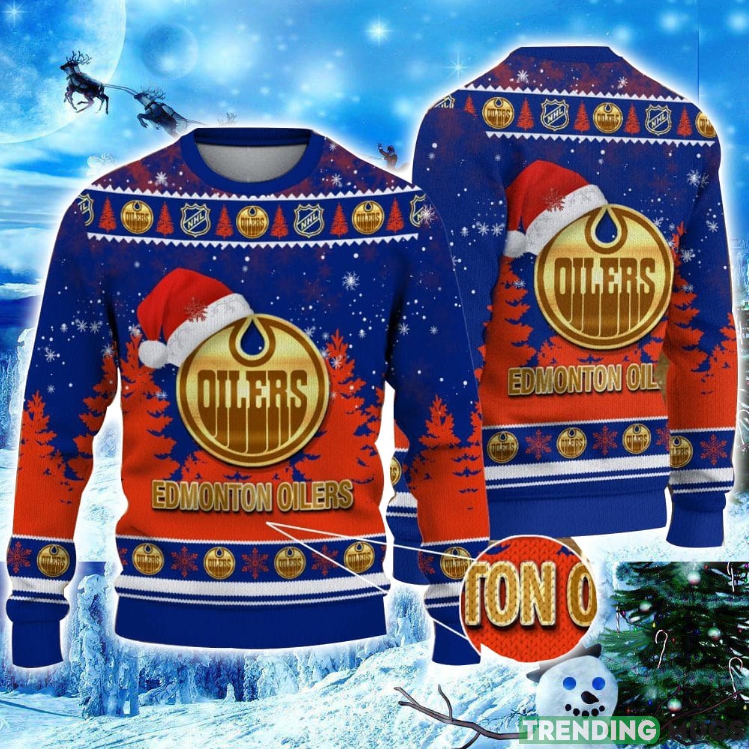 Edmonton Oilers Logo Wearing Santa Hat Christmas Gift Ugly Christmas Sweater Christmas Gift Ideas Product Photo 1 Edmonton Oilers Logo Wearing Santa Hat Christmas Gift Ugly Christmas Sweater Christmas Gift Ideas Product Photo 1