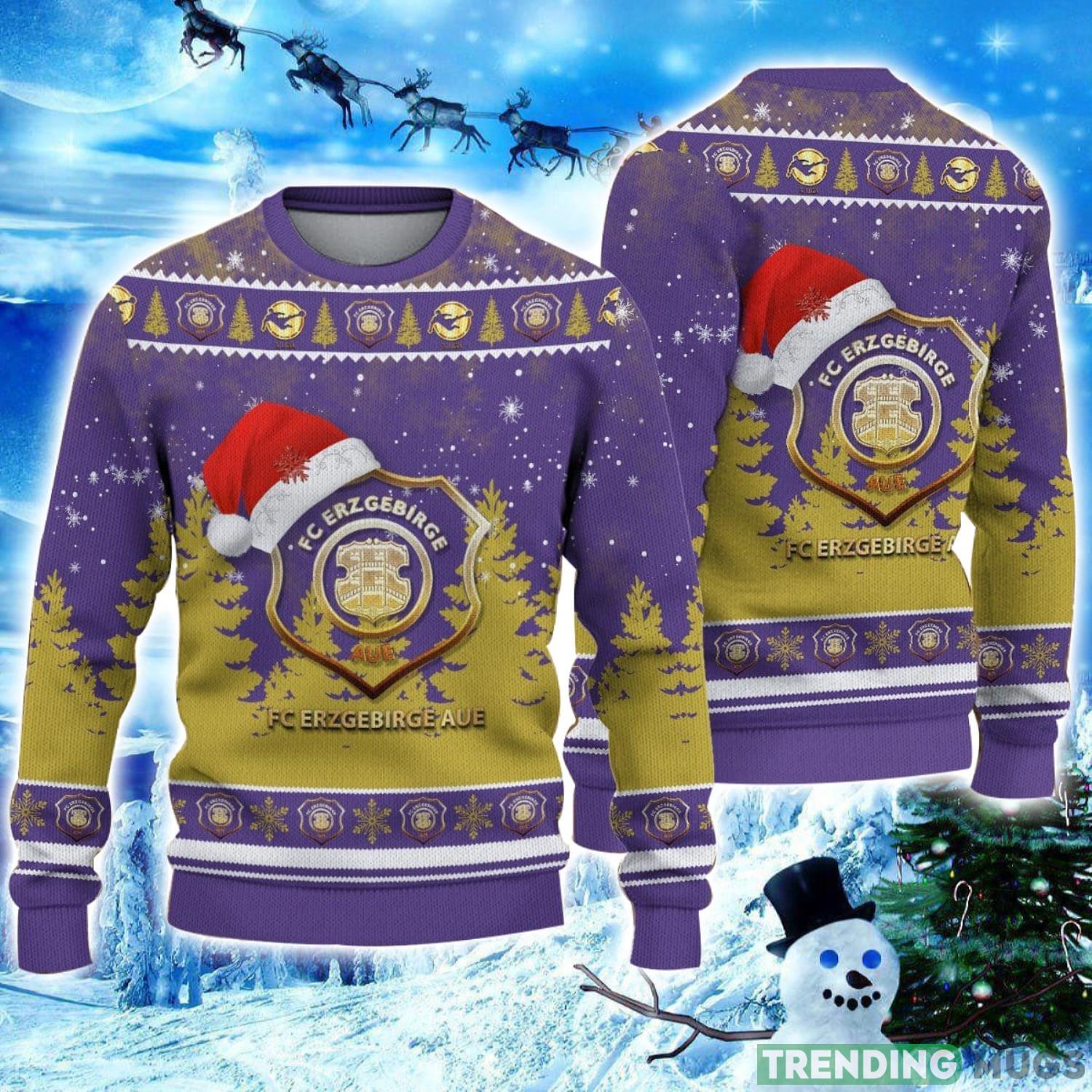 Erzgebirge Aue Logo Wearing Santa Hat Ugly Christmas Sweater Unisex 3D Christmas sweater Product Photo 1 Erzgebirge Aue Logo Wearing Santa Hat Ugly Christmas Sweater Unisex 3D Christmas sweater Product Photo 1