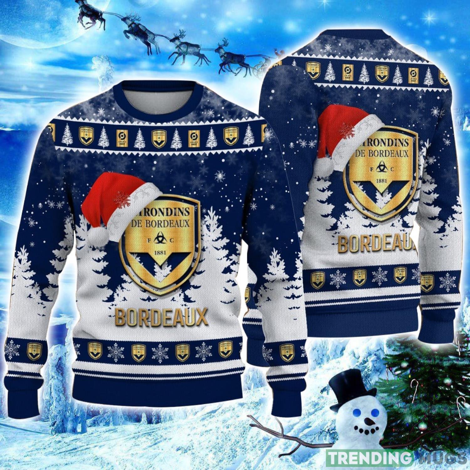 Girondins de Bordeaux Logo Wearing Santa Hat Ugly Christmas Sweater Unisex 3D Christmas sweater Product Photo 1 Girondins de Bordeaux Logo Wearing Santa Hat Ugly Christmas Sweater Unisex 3D Christmas sweater Product Photo 1