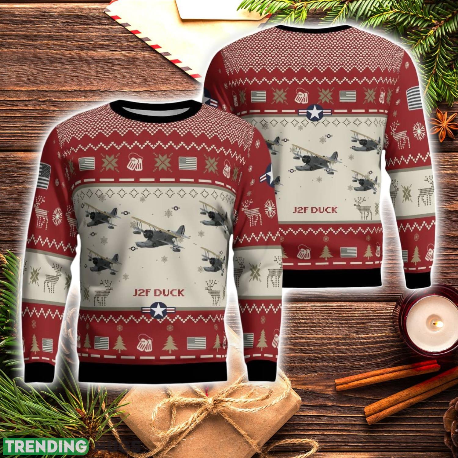 Grumman J2F Duck Aircraft Red Ugly Christmas Sweater Christmas Gift Veteran USA Air Force 3D Sweater Product Photo 1 Grumman J2F Duck Aircraft Red Ugly Christmas Sweater Christmas Gift Veteran USA Air Force 3D Sweater Product Photo 1