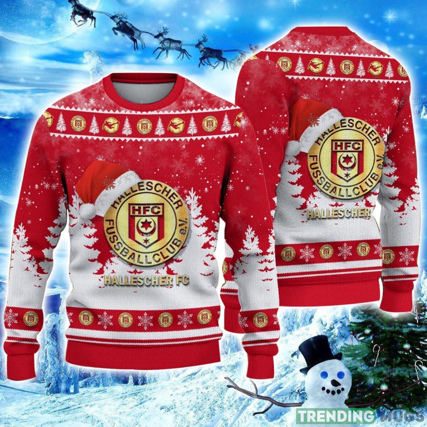 Hallescher FC Logo Wearing Santa Hat Ugly Christmas Sweater Unisex 3D Christmas sweater Product Photo 1 Hallescher FC Logo Wearing Santa Hat Ugly Christmas Sweater Unisex 3D Christmas sweater Product Photo 1