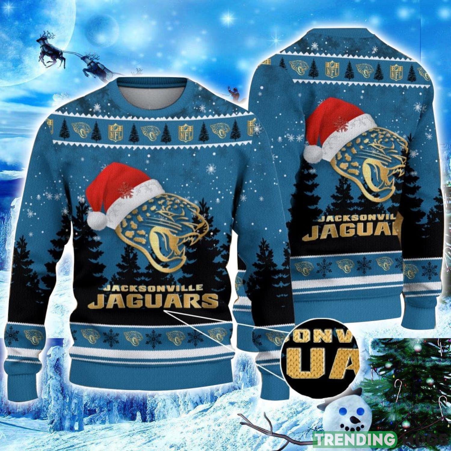 Jacksonville Jaguars Logo Wearing Santa Hat Christmas Gift Ugly Christmas Sweater Christmas Gift Ideas Product Photo 1 Jacksonville Jaguars Logo Wearing Santa Hat Christmas Gift Ugly Christmas Sweater Christmas Gift Ideas Product Photo 1