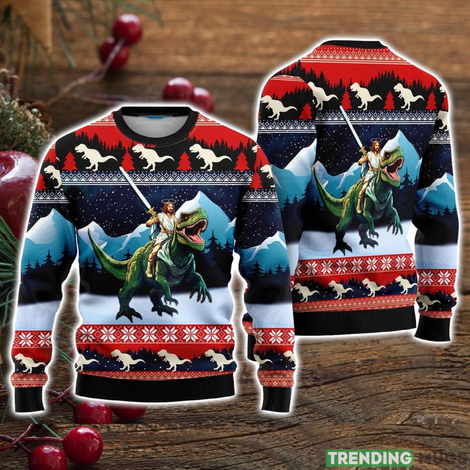 Jesus Is Riding A Dinosaur Blue Red Ugly Christmas Sweater Christmas Holiday Gift For Men And Women Product Photo 1 Jesus Is Riding A Dinosaur Blue Red Ugly Christmas Sweater Christmas Holiday Gift For Men And Women Product Photo 1