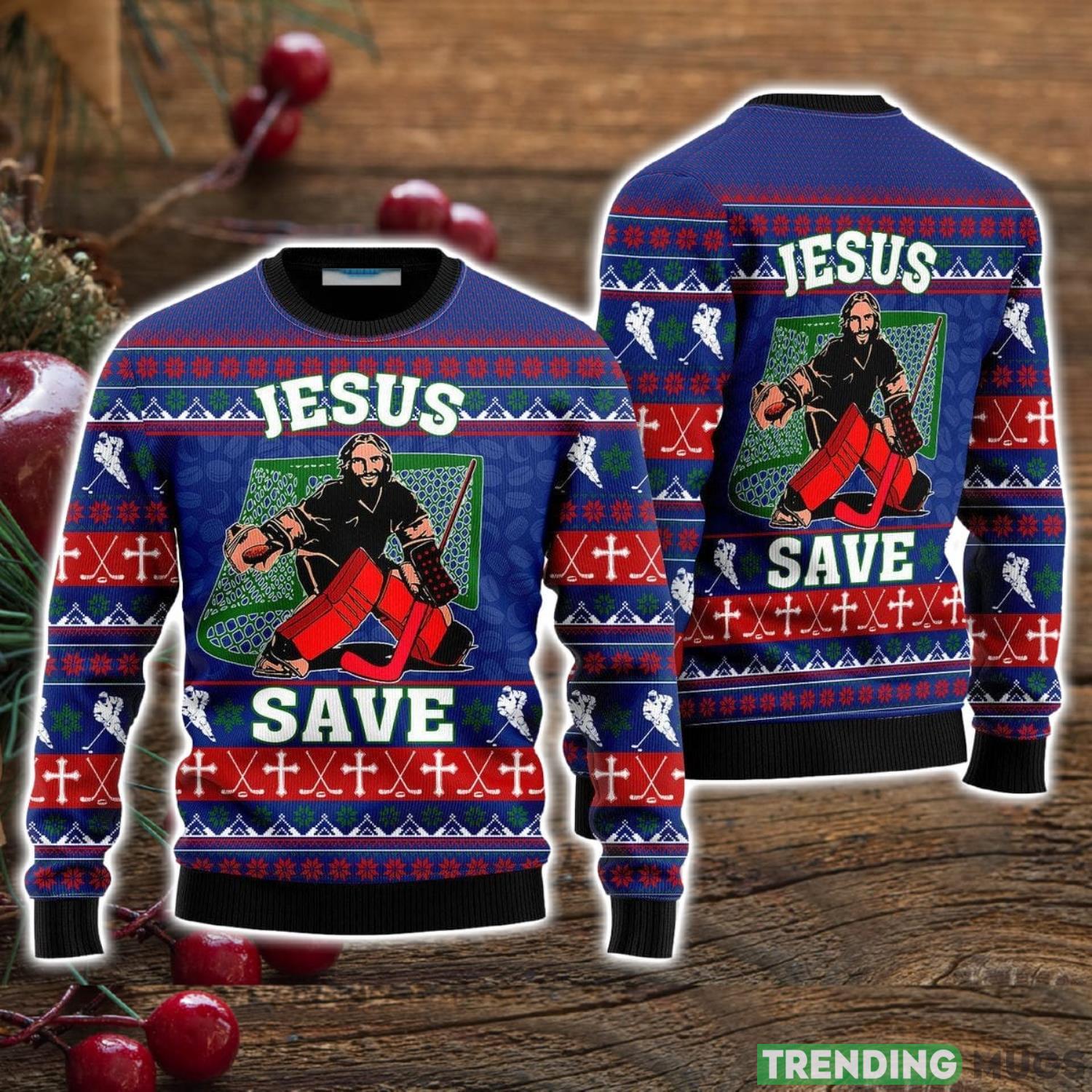 Jesus Saves Hockey Ugly Christmas Sweater Christmas Holiday Gift For Men And Women Product Photo 1 Jesus Saves Hockey Ugly Christmas Sweater Christmas Holiday Gift For Men And Women Product Photo 1