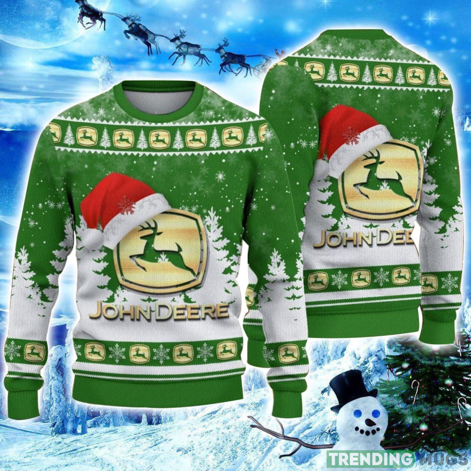 John Deere Logo Wearing Santa Hat Christmas Gift Ugly Christmas Sweater Christmas Gift Ideas Product Photo 1 John Deere Logo Wearing Santa Hat Christmas Gift Ugly Christmas Sweater Christmas Gift Ideas Product Photo 1