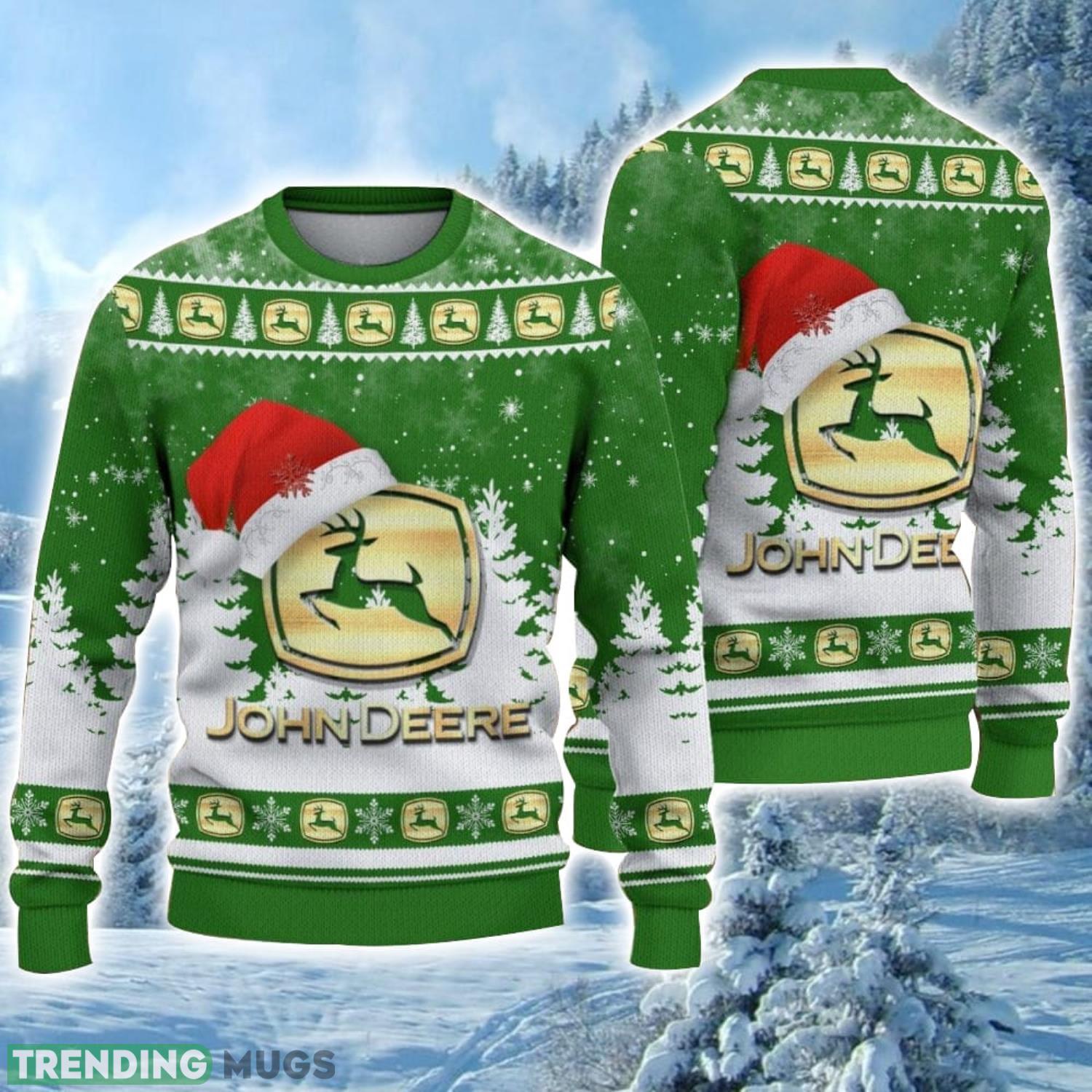 John Deere Logo Wearing Santa Hat Christmas Gift Ugly Christmas Sweater For Car Lover 3D Sweater Product Photo 1 John Deere Logo Wearing Santa Hat Christmas Gift Ugly Christmas Sweater For Car Lover 3D Sweater Product Photo 1