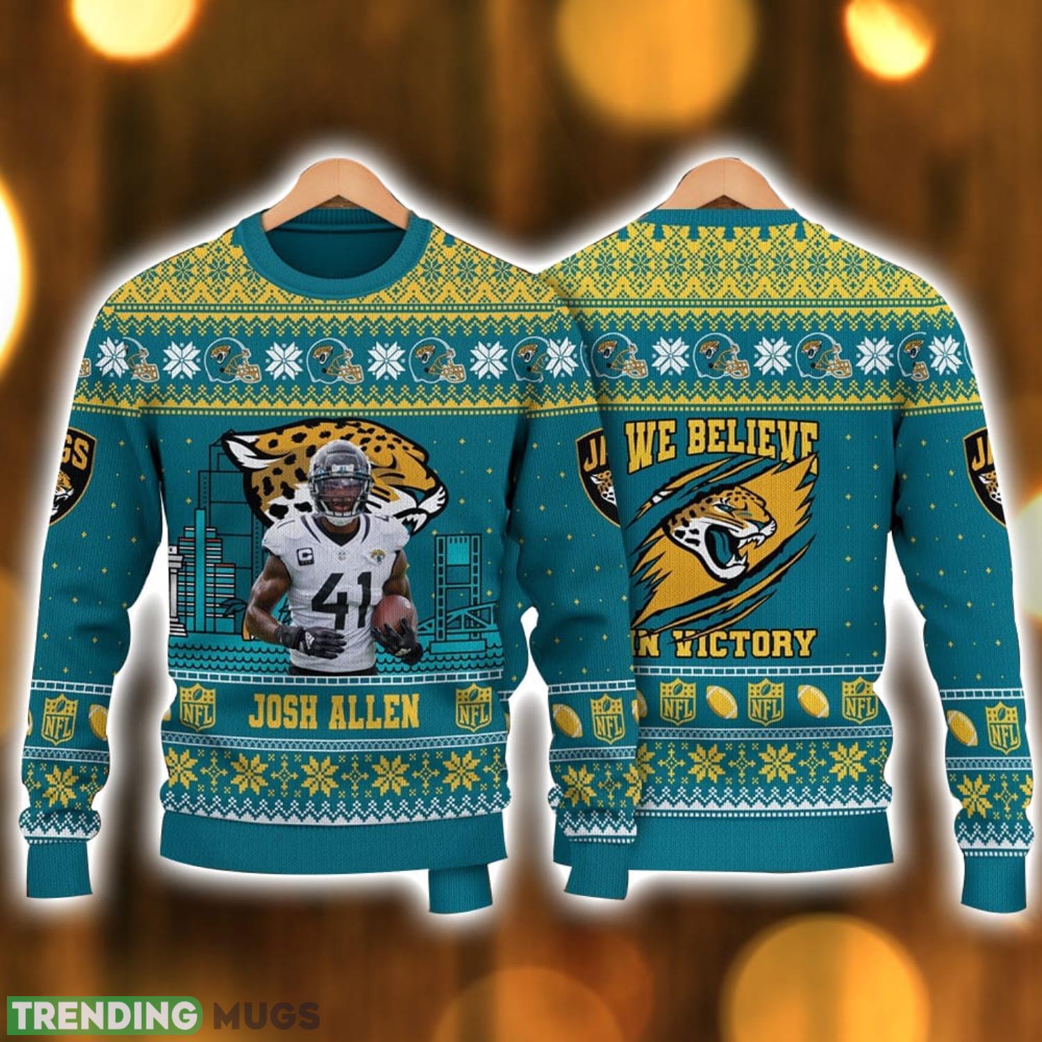 Josh Allen Jacksonville Jaguars We Believe In Victory NFL Ugly Christmas Sweater Christmas Gift For Sport Fans Product Photo 1 Josh Allen Jacksonville Jaguars We Believe In Victory NFL Ugly Christmas Sweater Christmas Gift For Sport Fans Product Photo 1
