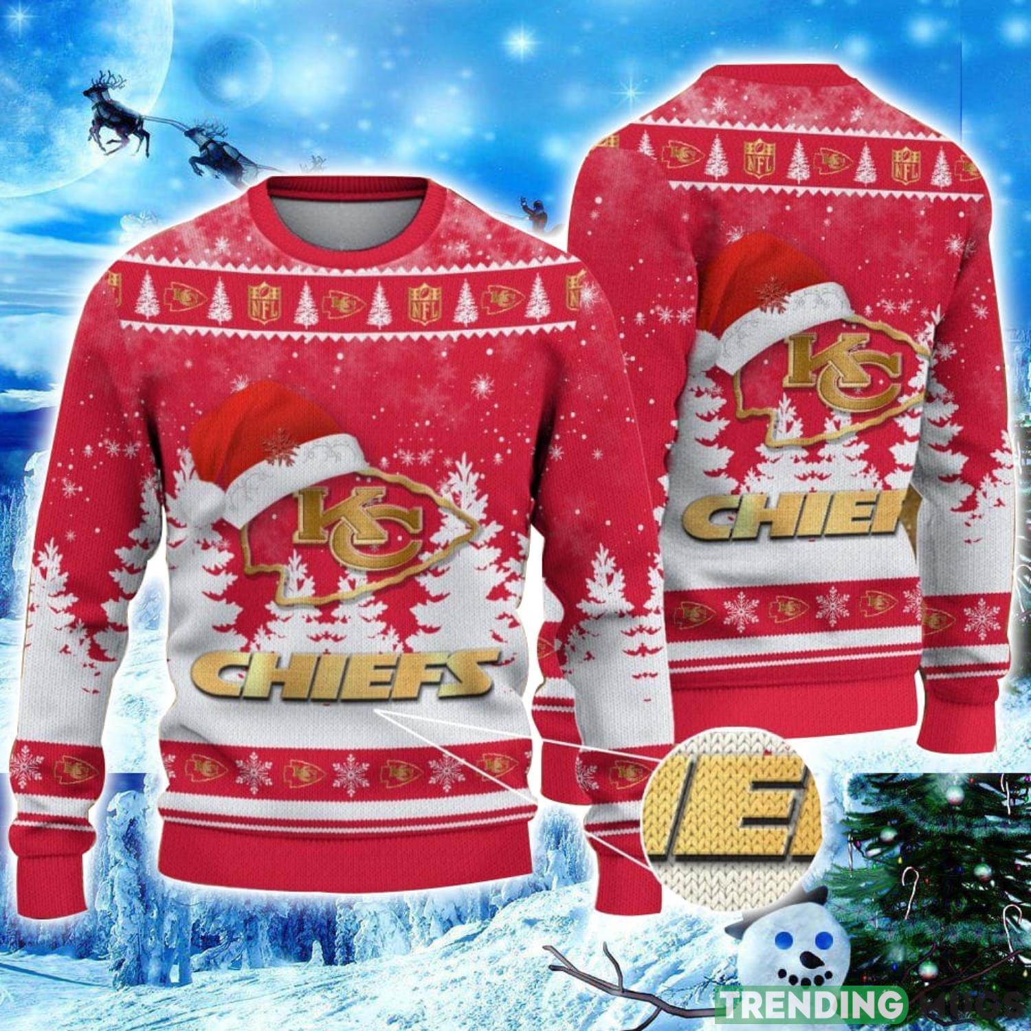 Kansas City Chiefs Logo Wearing Santa Hat Christmas Gift Ugly Christmas Sweater Christmas Gift Ideas Product Photo 1 Kansas City Chiefs Logo Wearing Santa Hat Christmas Gift Ugly Christmas Sweater Christmas Gift Ideas Product Photo 1