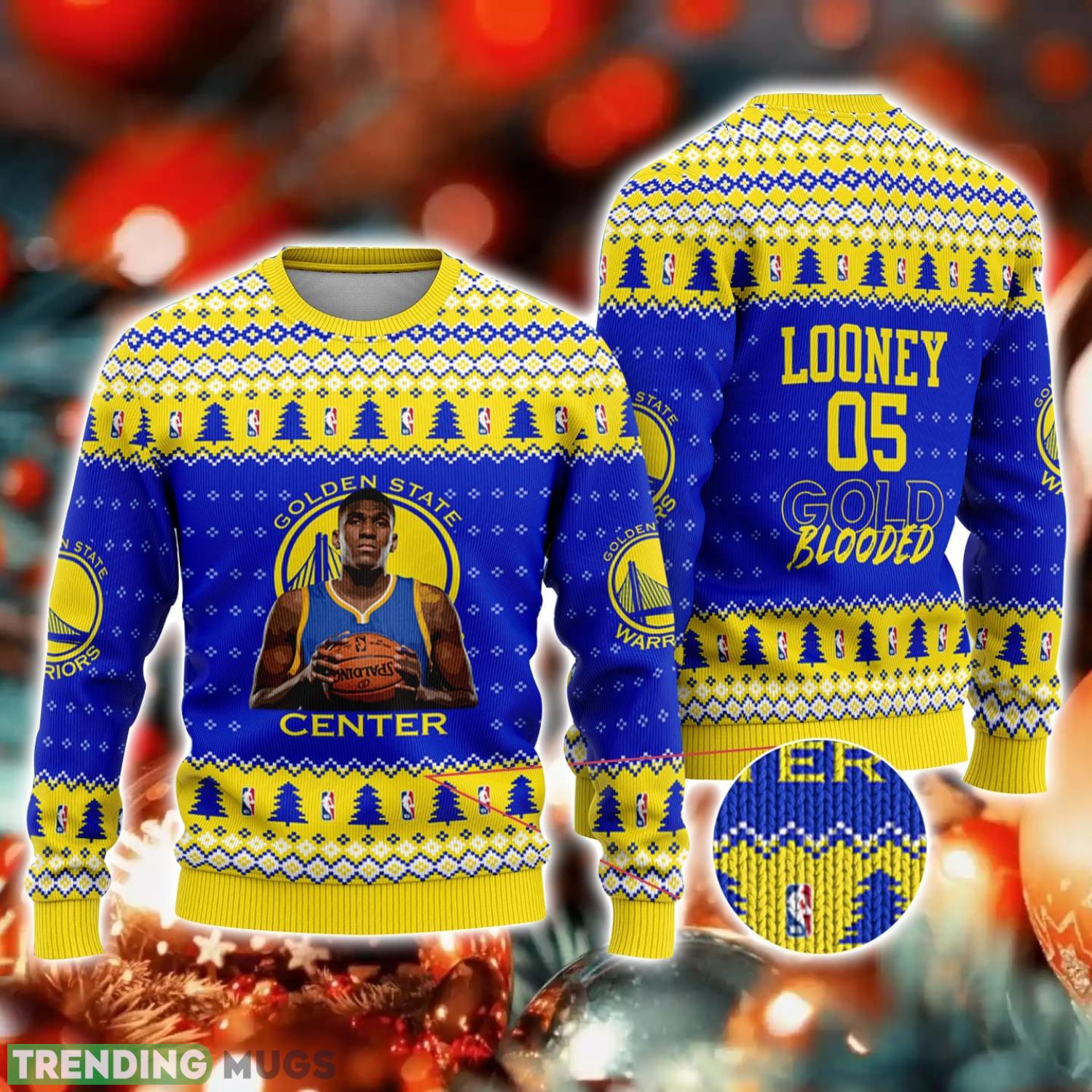 Kevon Looney Golden States Warriors Gold Blooded NBA Ugly Christmas Sweater Christmas Gift For Sport Fans Product Photo 1 Kevon Looney Golden States Warriors Gold Blooded NBA Ugly Christmas Sweater Christmas Gift For Sport Fans Product Photo 1