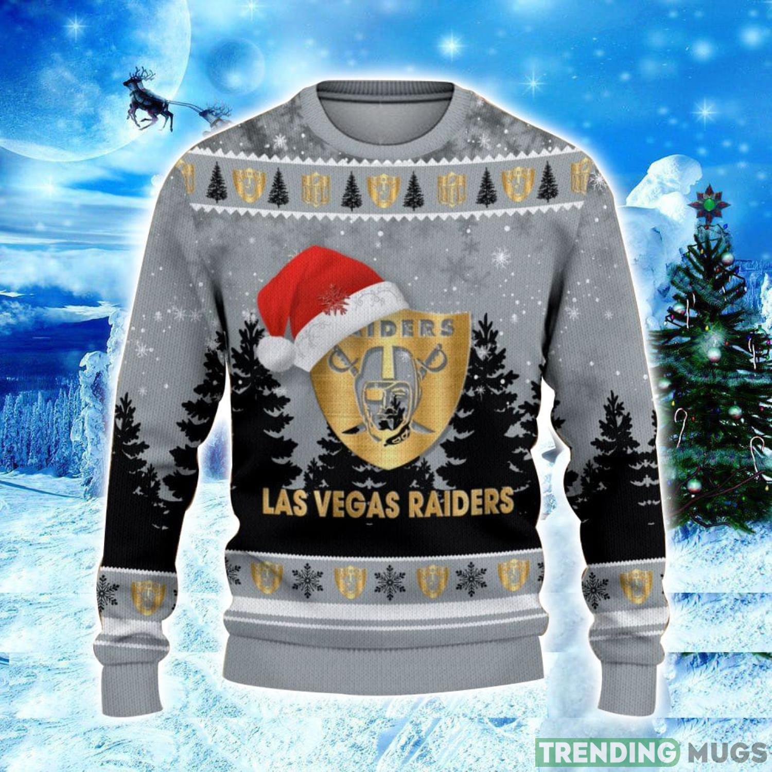 Las Vegas Raiders Logo Wearing Santa Hat Christmas Gift Ugly Christmas Sweater Christmas Gift Ideas 3D Sweater Las Vegas Raiders Logo Wearing Santa Hat Christmas Gift Ugly Christmas Sweater Christmas Gift Ideas 3D Sweater