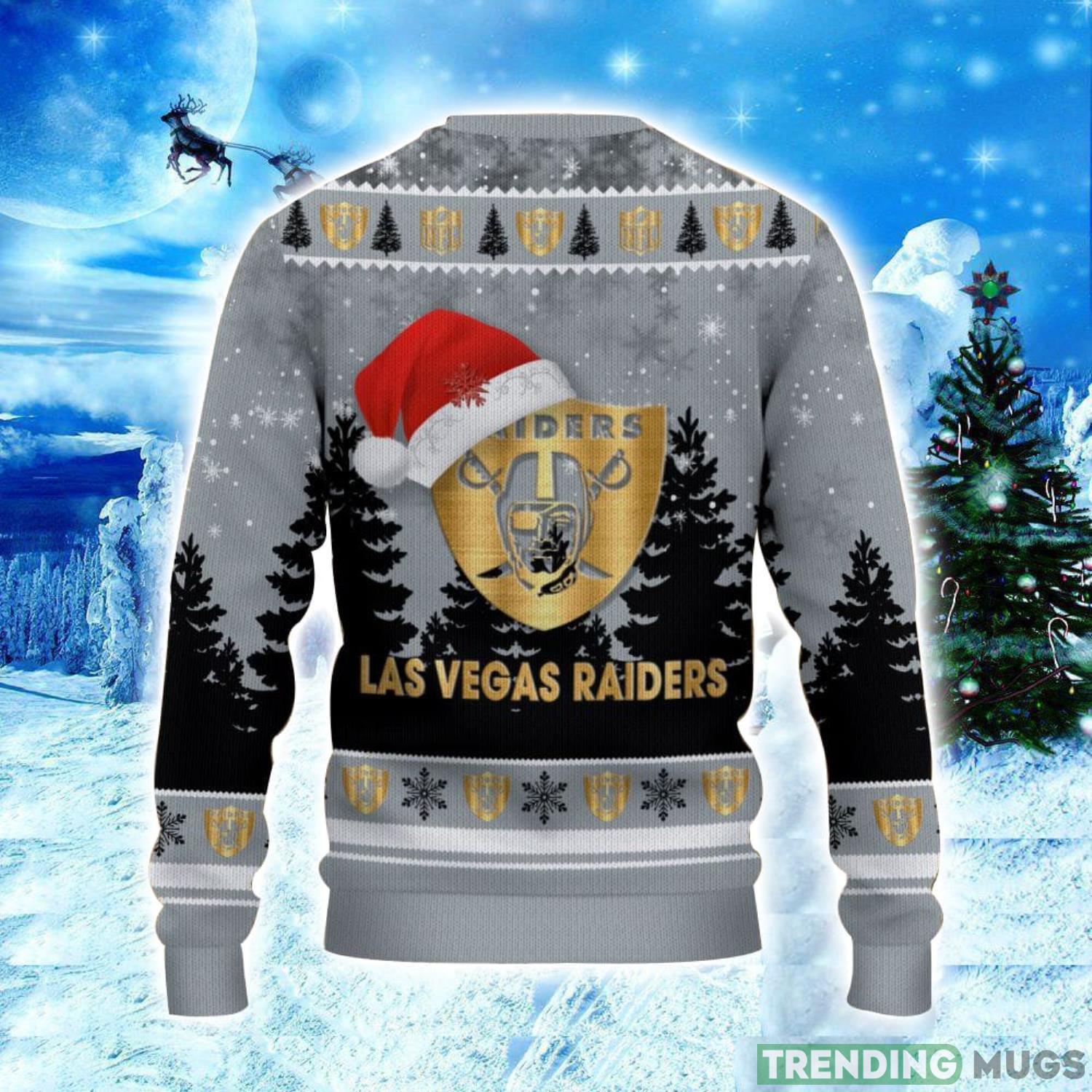 Las Vegas Raiders Logo Wearing Santa Hat Christmas Gift Ugly Christmas Sweater Christmas Gift Ideas 3D Sweater Las Vegas Raiders Logo Wearing Santa Hat Christmas Gift Ugly Christmas Sweater Christmas Gift Ideas 3D Sweater