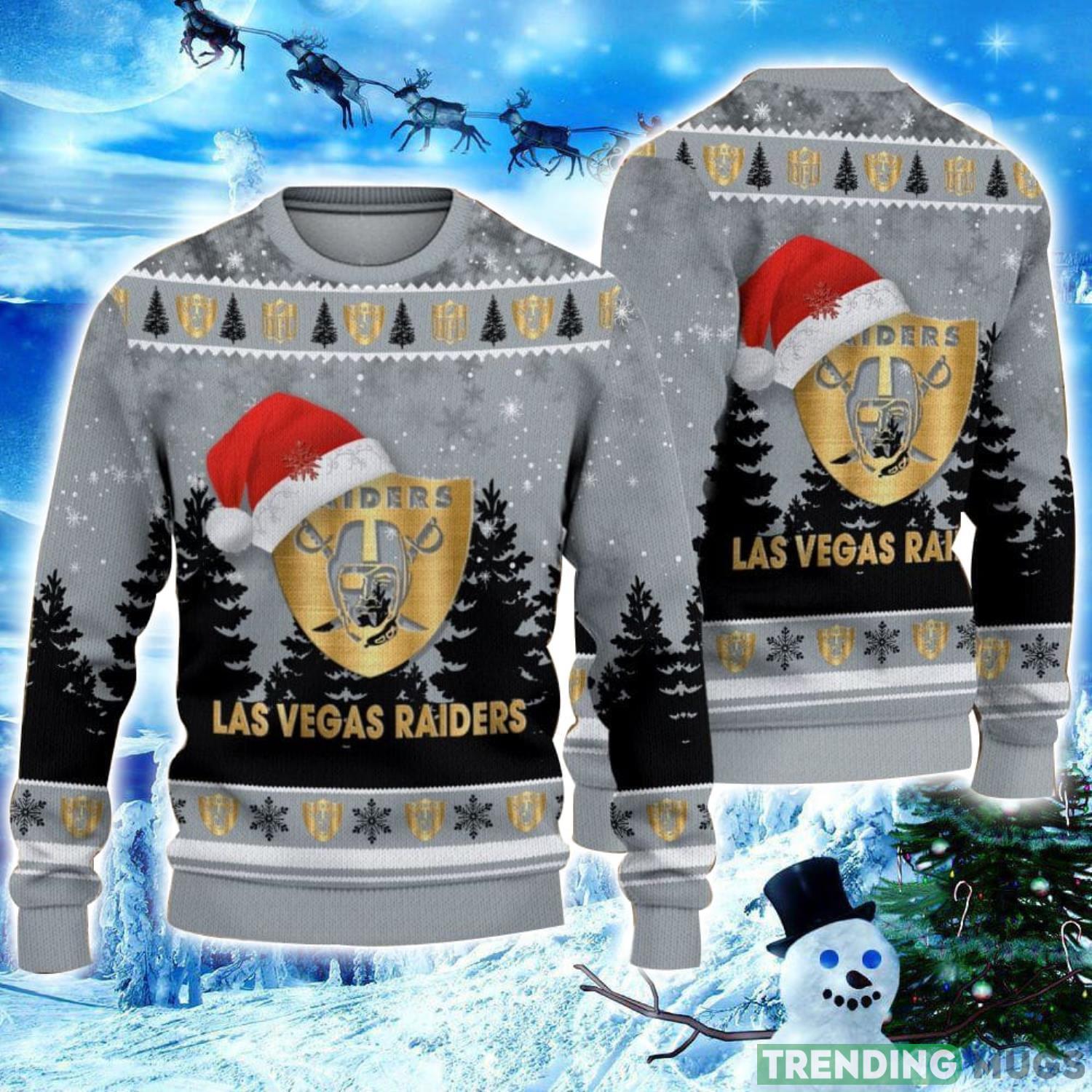 Las Vegas Raiders Logo Wearing Santa Hat Christmas Gift Ugly Christmas Sweater Christmas Gift Ideas Product Photo 1 Las Vegas Raiders Logo Wearing Santa Hat Christmas Gift Ugly Christmas Sweater Christmas Gift Ideas Product Photo 1