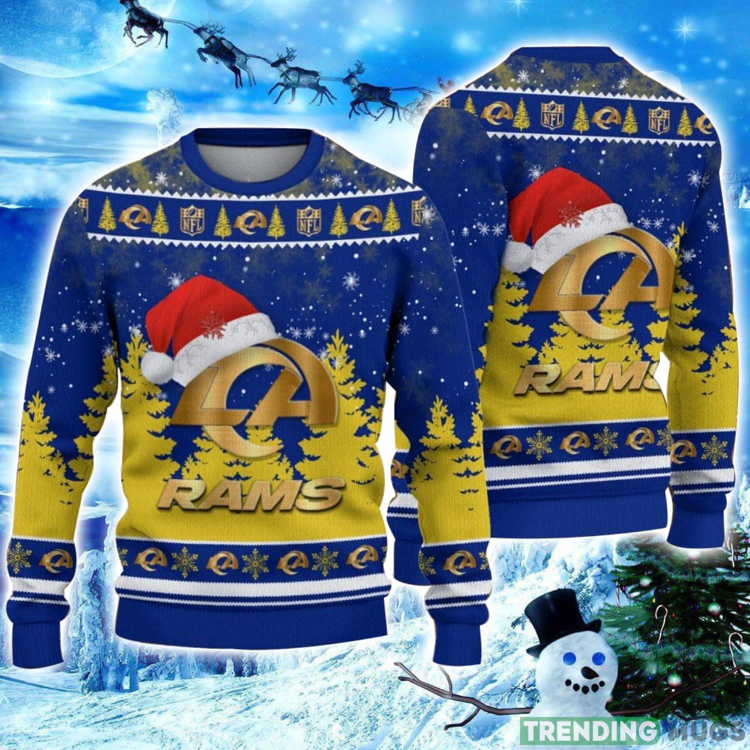 Los Angeles Rams Logo Wearing Santa Hat Christmas Gift Ugly Christmas Sweater Christmas Gift Ideas Product Photo 1 Los Angeles Rams Logo Wearing Santa Hat Christmas Gift Ugly Christmas Sweater Christmas Gift Ideas Product Photo 1