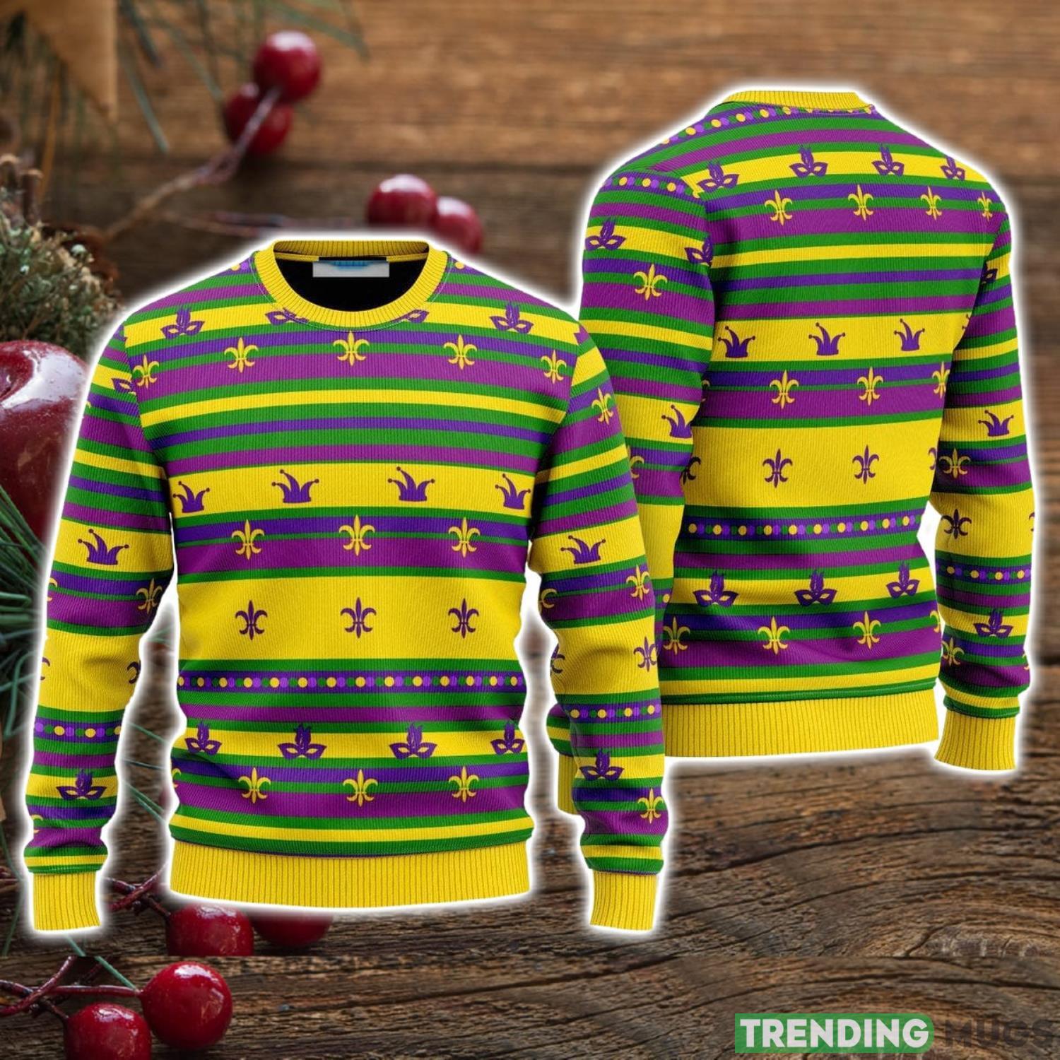 Mardi Gras Striped Yellow Ugly Christmas Sweater Christmas Holiday Gift For Men And Women Product Photo 1 Mardi Gras Striped Yellow Ugly Christmas Sweater Christmas Holiday Gift For Men And Women Product Photo 1