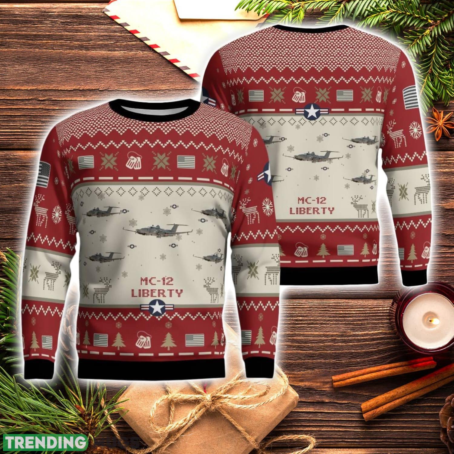 MC-12 Liberty MC12 Aircraft Red Ugly Christmas Sweater Christmas Gift Veteran USA Air Force 3D Sweater Product Photo 1 MC-12 Liberty MC12 Aircraft Red Ugly Christmas Sweater Christmas Gift Veteran USA Air Force 3D Sweater Product Photo 1