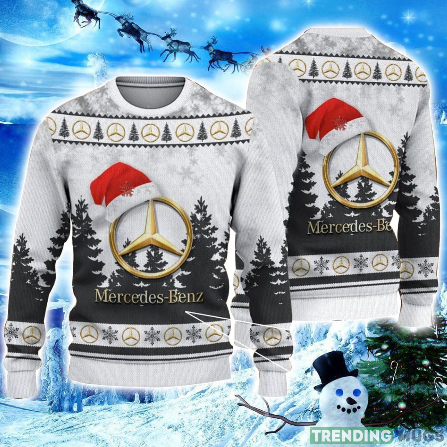 Mercedes-Benz White Logo Wearing Santa Hat Christmas Gift Ugly Christmas Sweater Christmas Gift Ideas Product Photo 1 Mercedes-Benz White Logo Wearing Santa Hat Christmas Gift Ugly Christmas Sweater Christmas Gift Ideas Product Photo 1