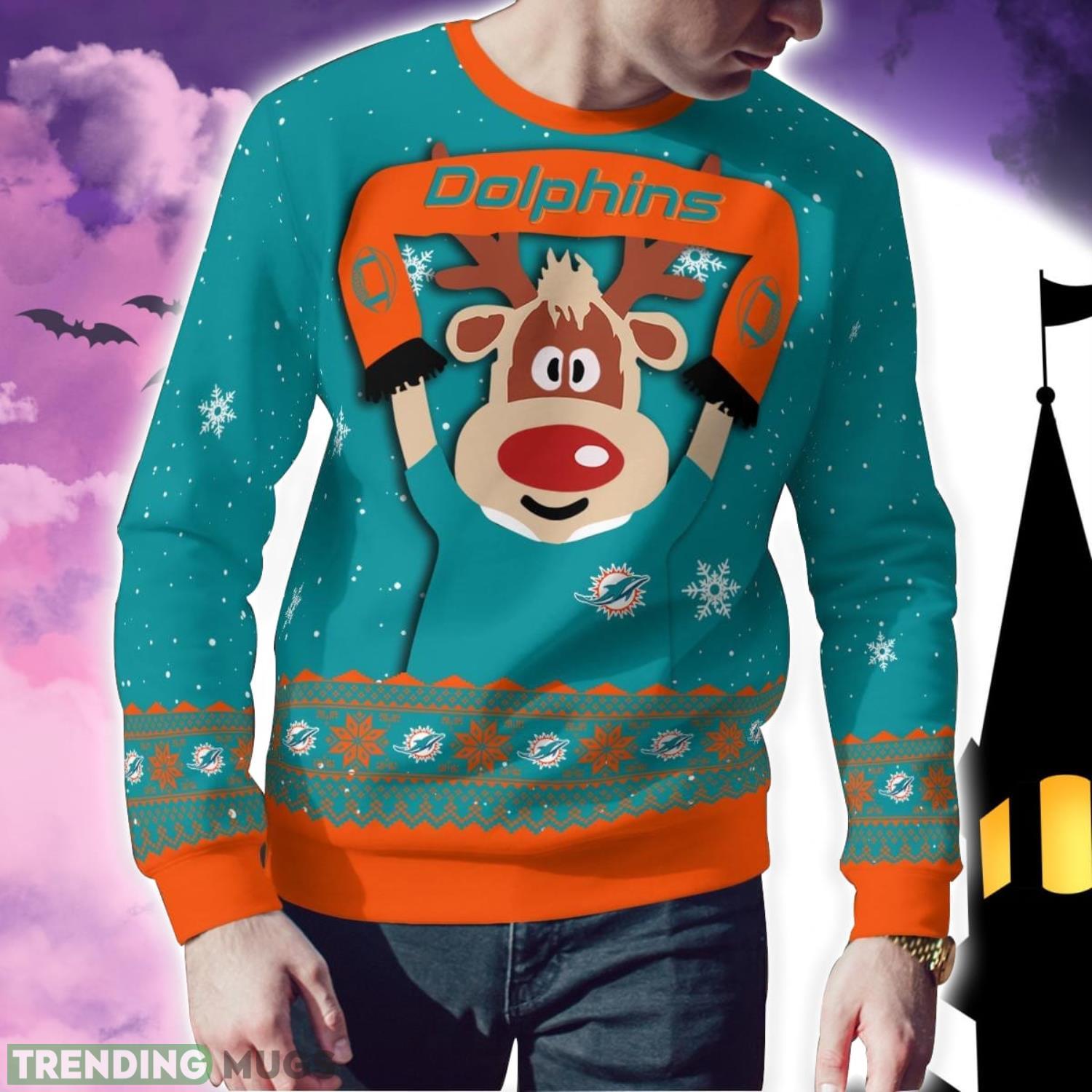 Miami Dolphins Cute Reindeer Ugly Christmas Sweater Christmas Party Gift 3D Sweater Miami Dolphins Cute Reindeer Ugly Christmas Sweater Christmas Party Gift 3D Sweater