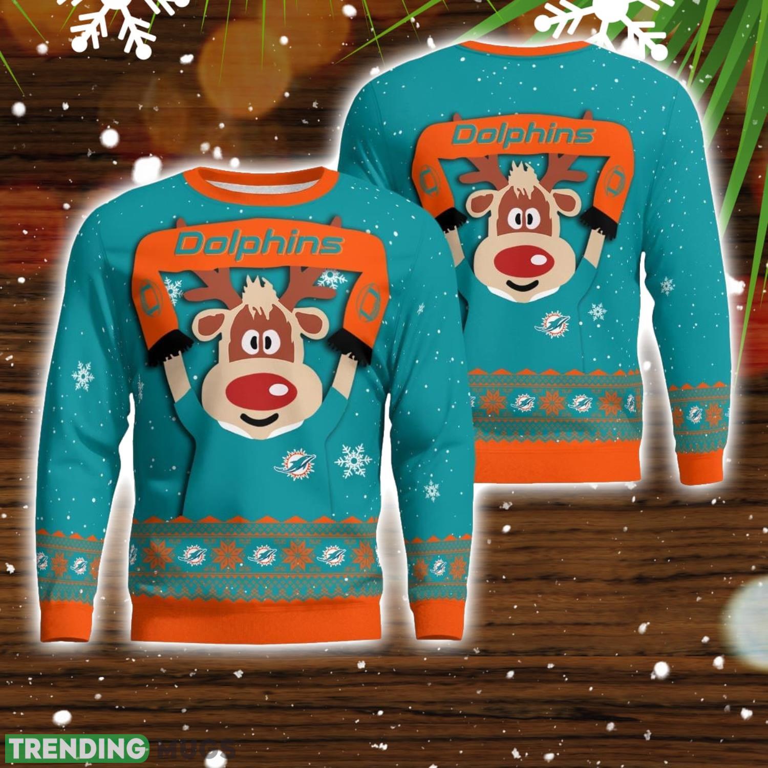 Miami Dolphins Cute Reindeer Ugly Christmas Sweater Christmas Party Gift Product Photo 1 Miami Dolphins Cute Reindeer Ugly Christmas Sweater Christmas Party Gift Product Photo 1