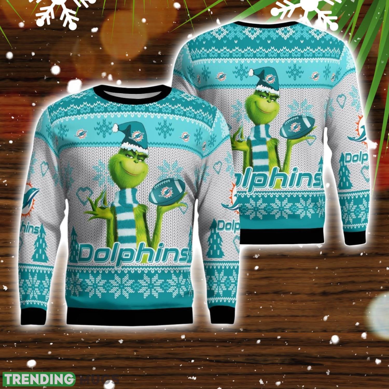 Miami Dolphins Grinch Snowflake Pattern Ugly Sweater Christmas Product Photo 1 Miami Dolphins Grinch Snowflake Pattern Ugly Sweater Christmas Product Photo 1