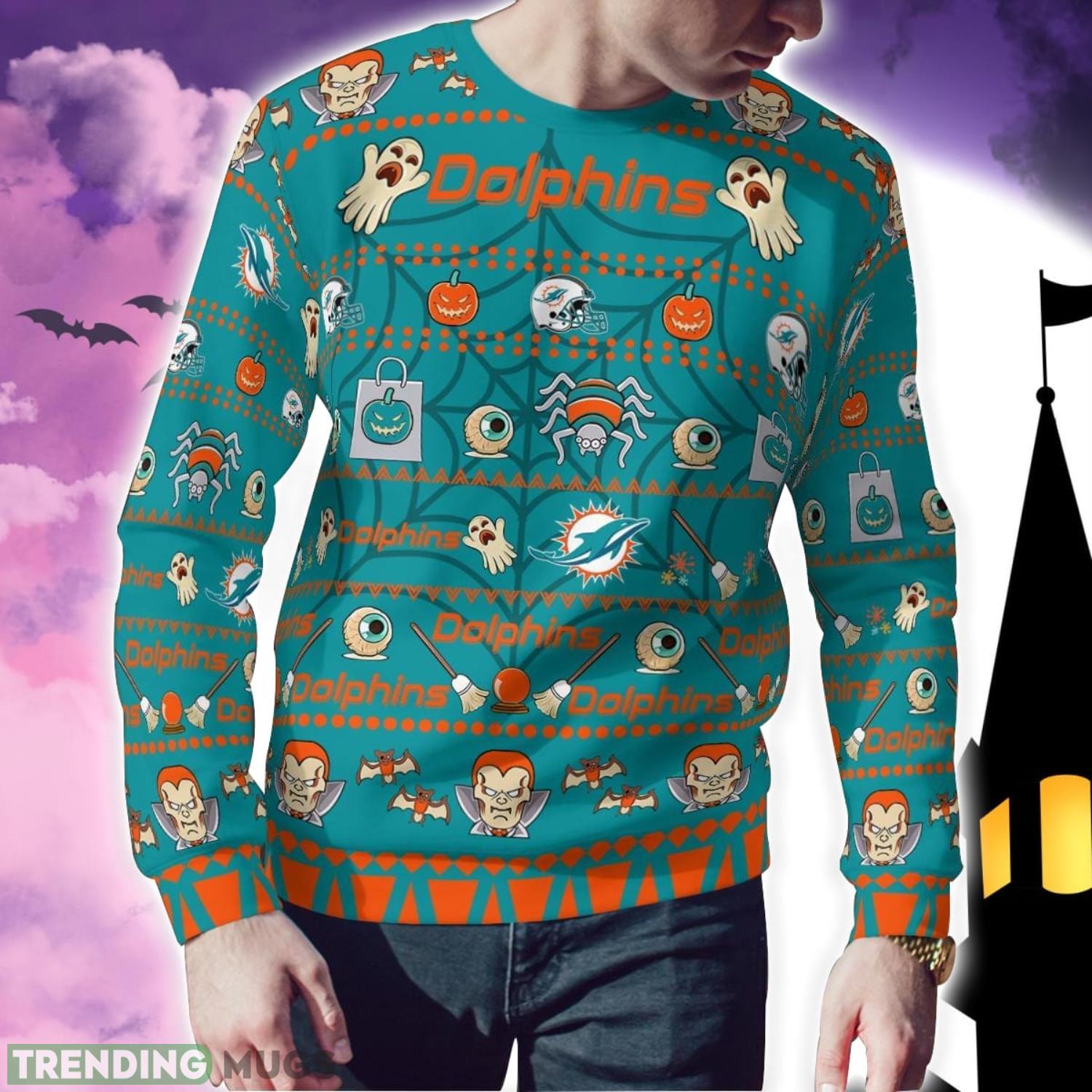Miami Dolphins Pumpkin Halloween Spooky Ghost Pattern Funny 3D Sweater Men And Women Gift 3D Sweater Miami Dolphins Pumpkin Halloween Spooky Ghost Pattern Funny 3D Sweater Men And Women Gift 3D Sweater