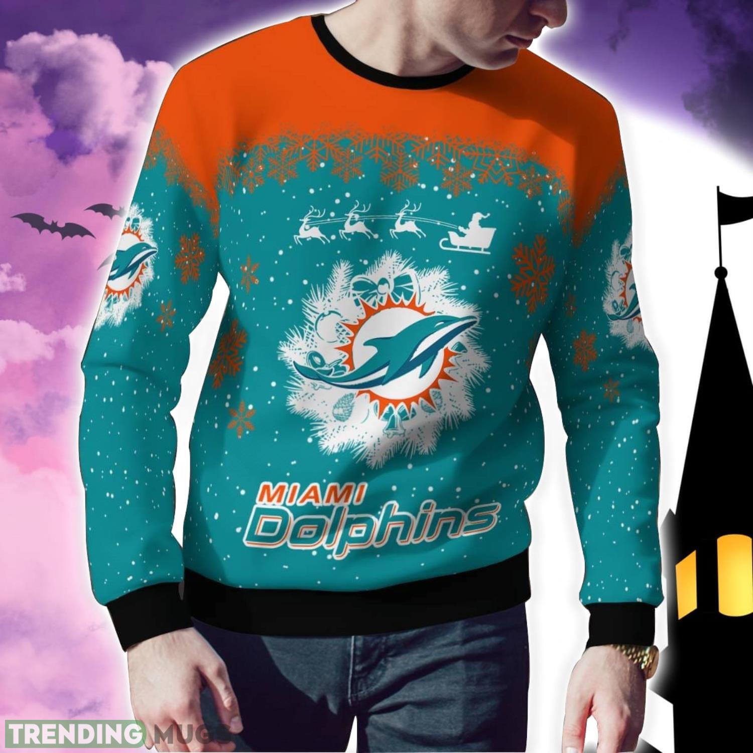 Miami Dolphins Santa sleigh driving reindeer Pattern Ugly Christmas Sweater 3D Sweater Miami Dolphins Santa sleigh driving reindeer Pattern Ugly Christmas Sweater 3D Sweater